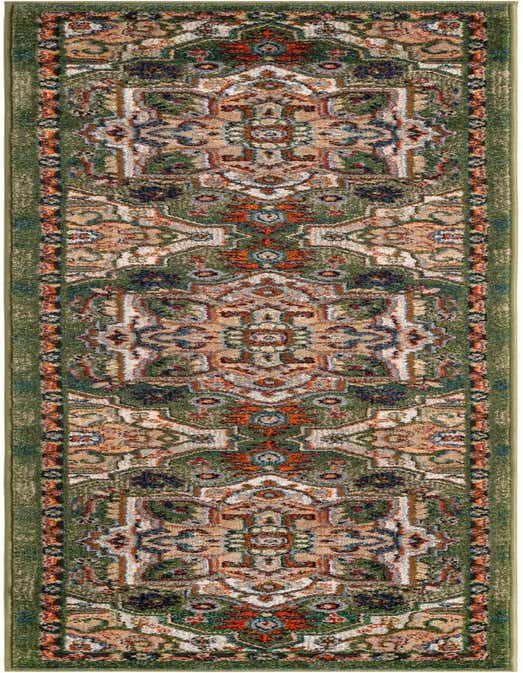 An 8 ft green runner rug with a detailed, multi-colored traditional pattern, ideal for hallways.