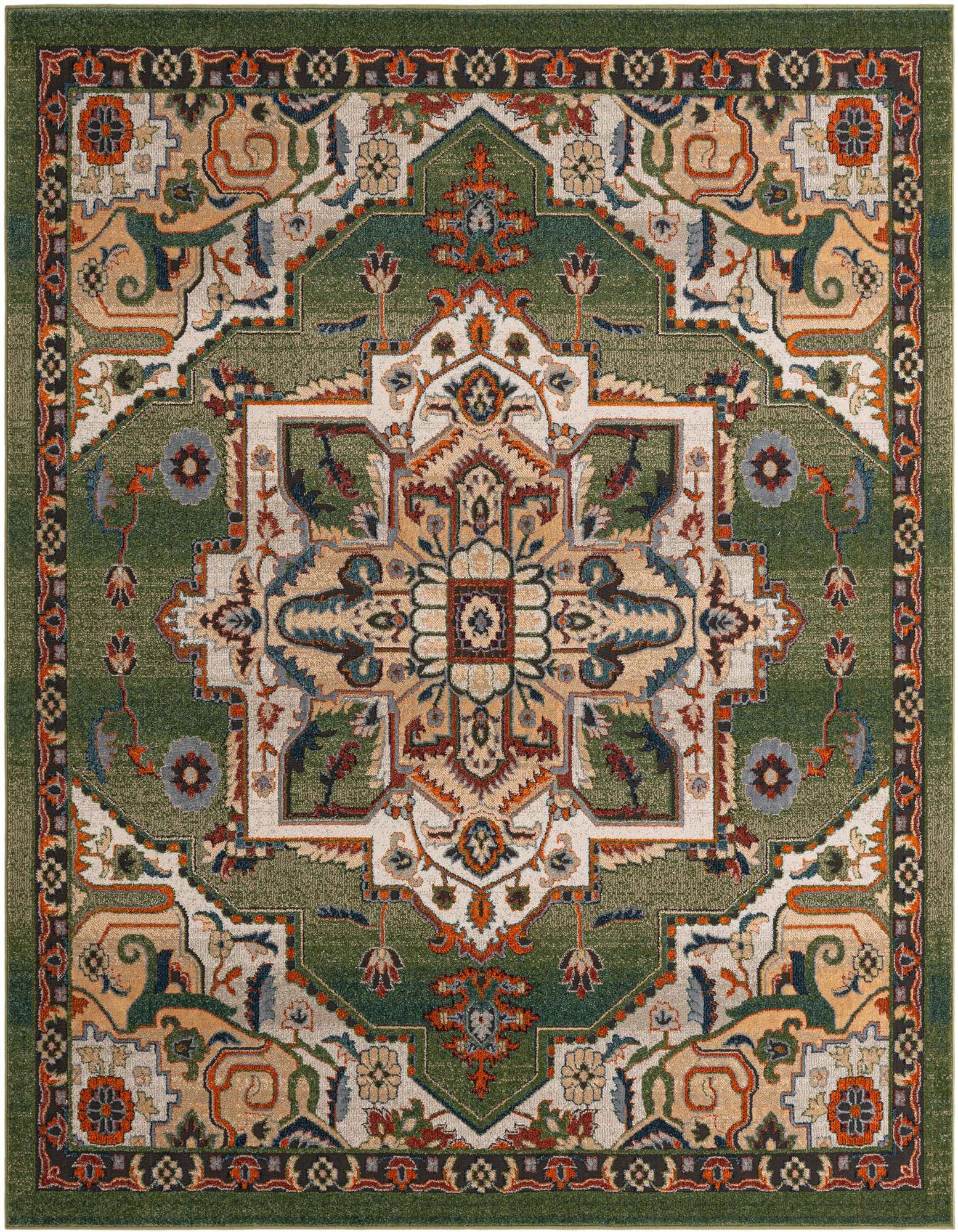 A square 8' 0 x 8' 0 green area rug with a detailed central medallion and floral motifs in shades of green, beige, orange, and blue.