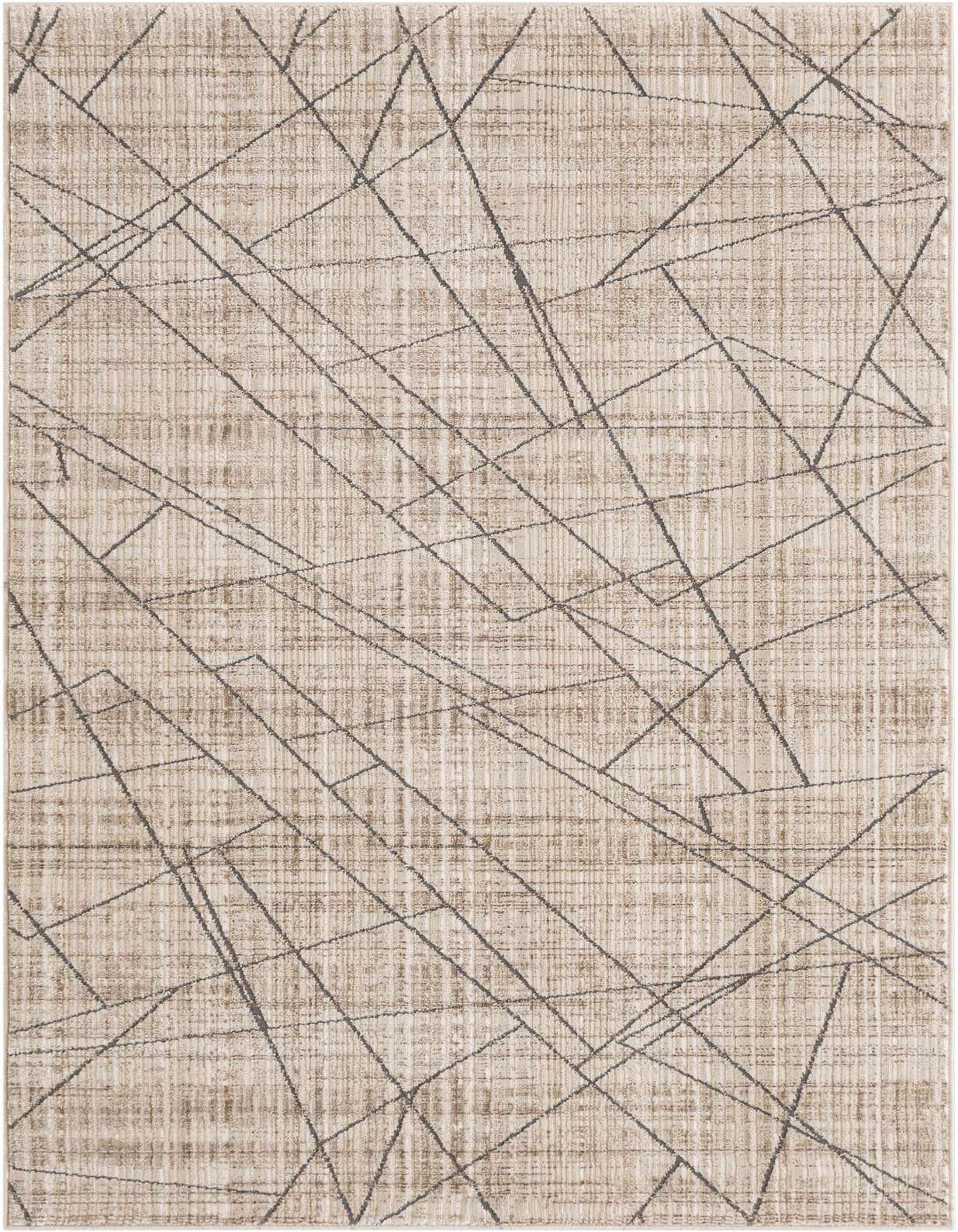 A 3x5 rectangular indoor rug with a flat pile, featuring an abstract geometric pattern of dark lines on a light brown and tan background.