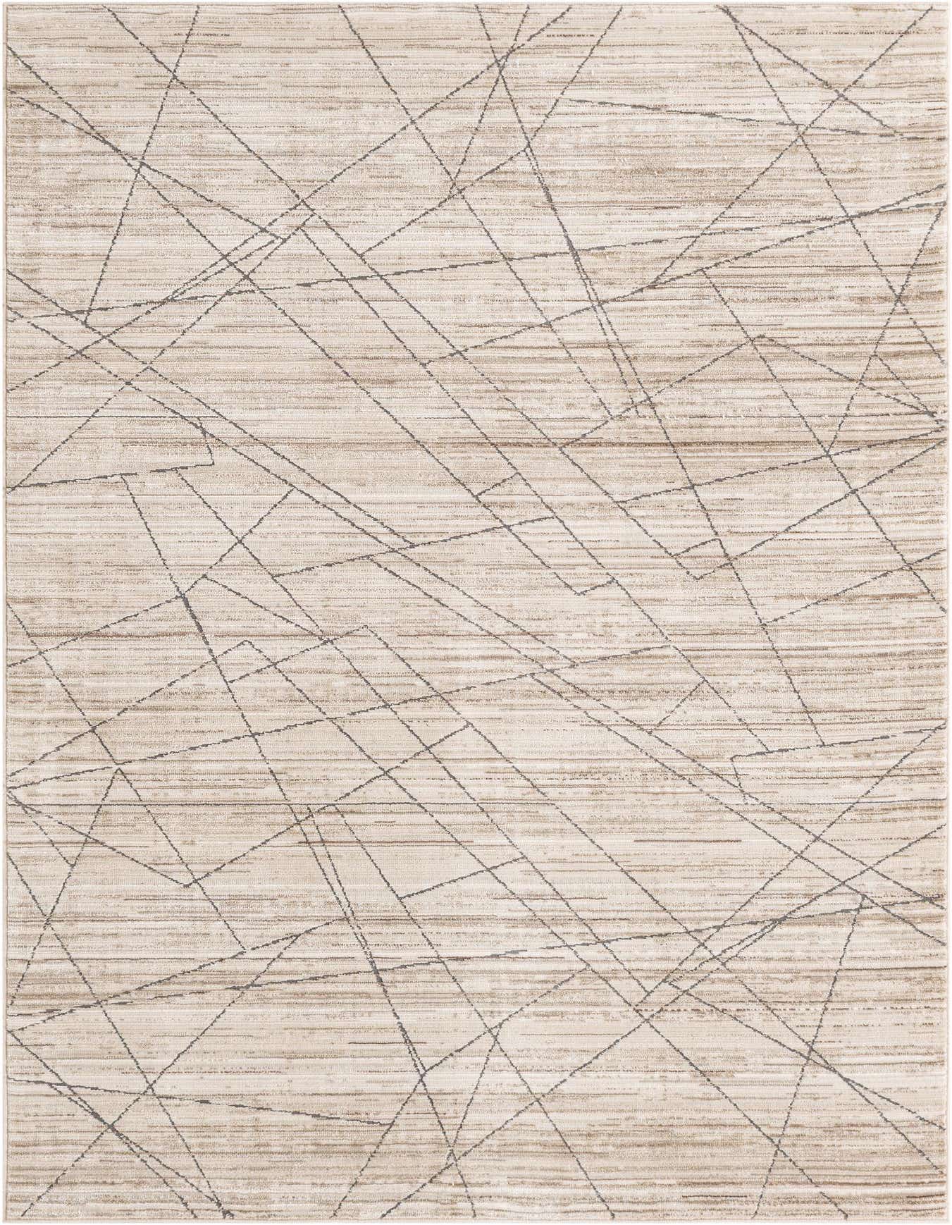 A 4x6 rectangular indoor rug featuring a light tan and white background with a modern abstract pattern of thin, dark brown intersecting lines.