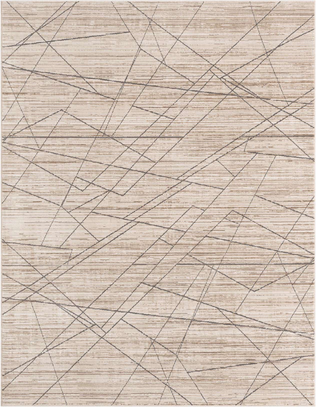 A 5x8 rectangular indoor rug featuring a textured brown and tan background with an abstract pattern of thin, dark intersecting lines.