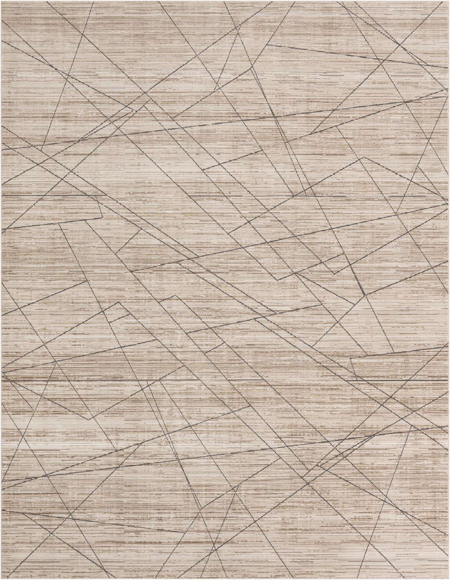 A 9x12 rectangular area rug with a beige and tan striped background and an abstract pattern of thin, intersecting dark brown lines.