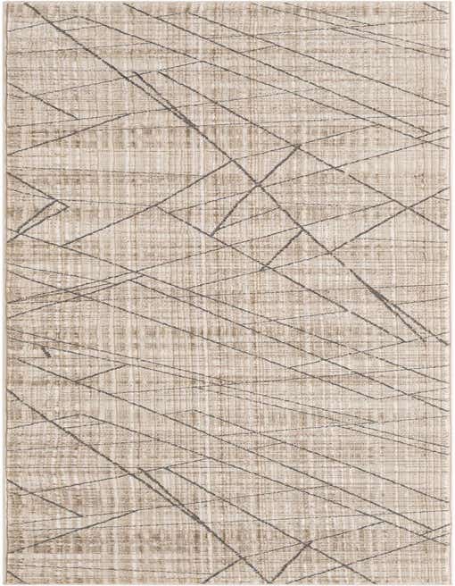 A long, rectangular 8 ft runner rug in shades of tan and white, featuring a modern abstract pattern of thin, intersecting dark brown lines, ideal for a hallway.