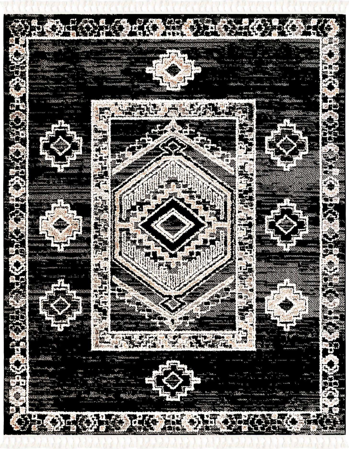 A rectangular 8x10 gray tribal rug with a central medallion and geometric patterns, featuring a textured pile and fringe.