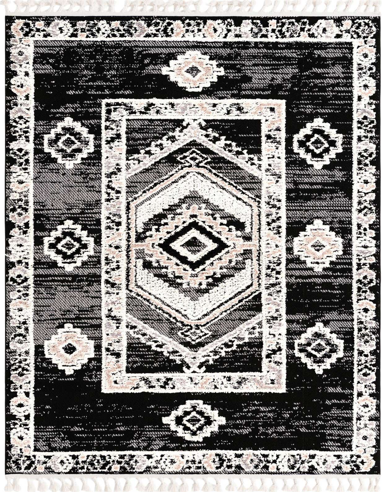A 6x9 rectangular gray tribal rug with a central medallion and patterned border, featuring textured pile.