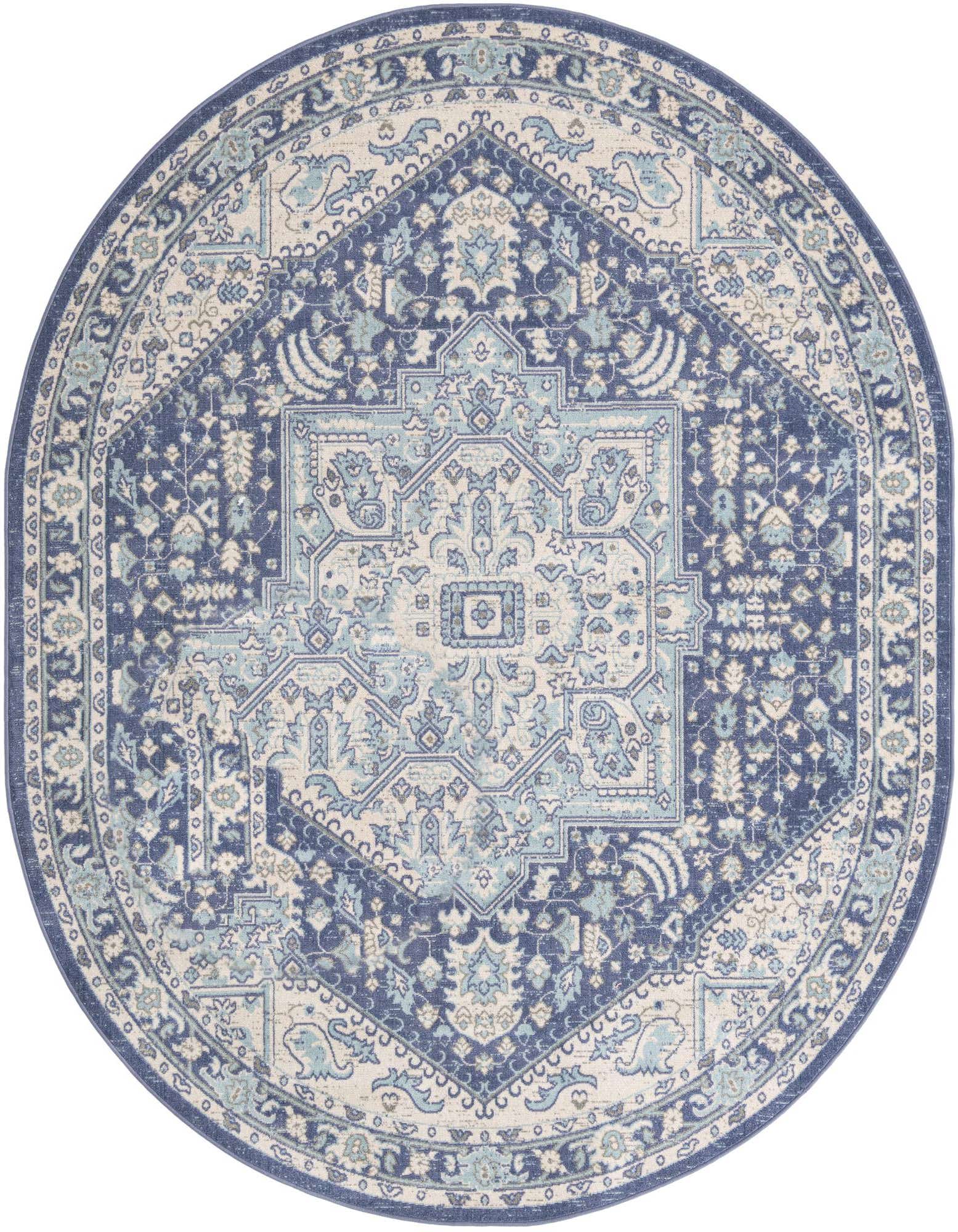 An oval blue and cream rug with a distressed vintage medallion pattern, ideal for a living room or dining area.