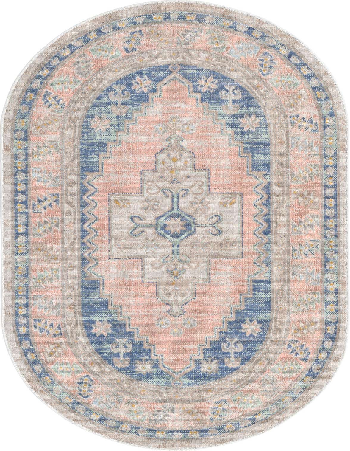 An oval 3' 0 x 5' 3 blue and peach tribal medallion rug with a flatweave texture.