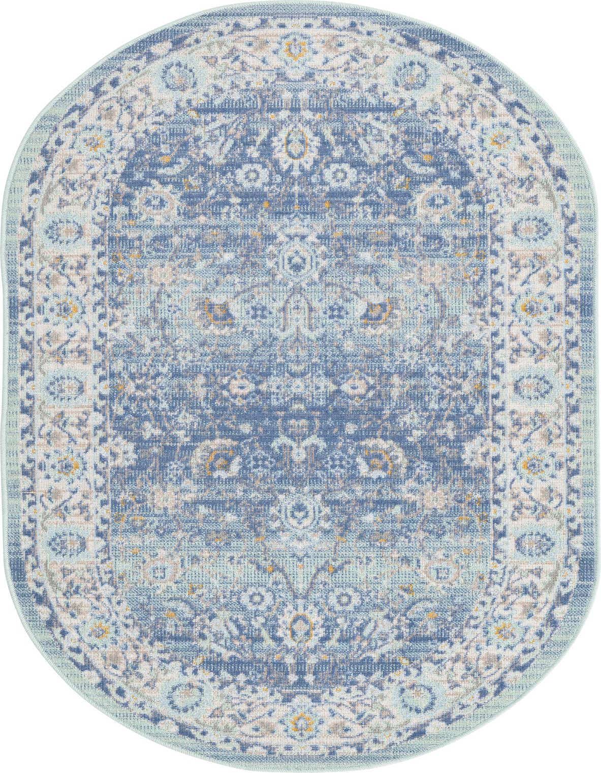 An oval 3' 0 x 5' 3 blue traditional rug with a vintage floral and botanical pattern, featuring light blue, cream, and subtle gold accents.