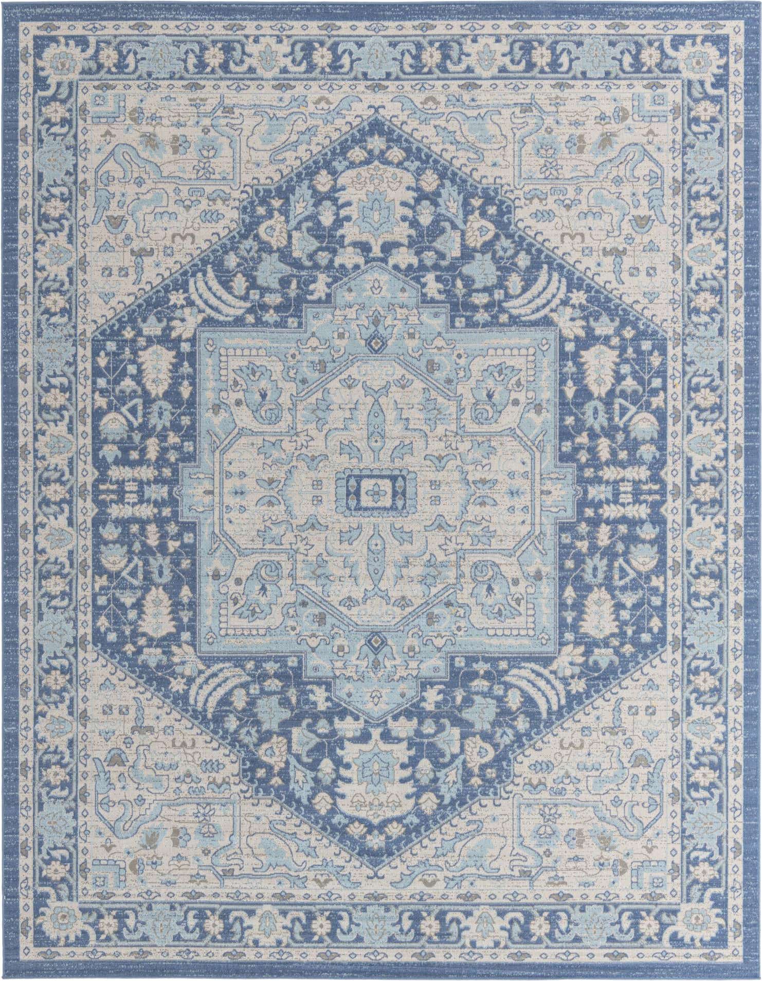A 10x14 rectangular blue and beige farmhouse-style rug with a central medallion and intricate vintage patterns.