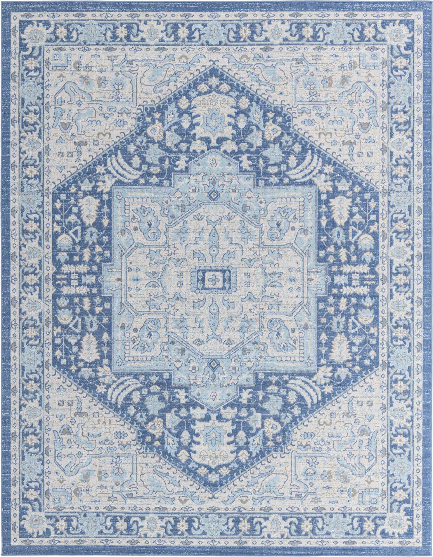 A 9x12 rectangular Whitney collection rug featuring a distressed blue medallion and border pattern on a light blue and cream background.