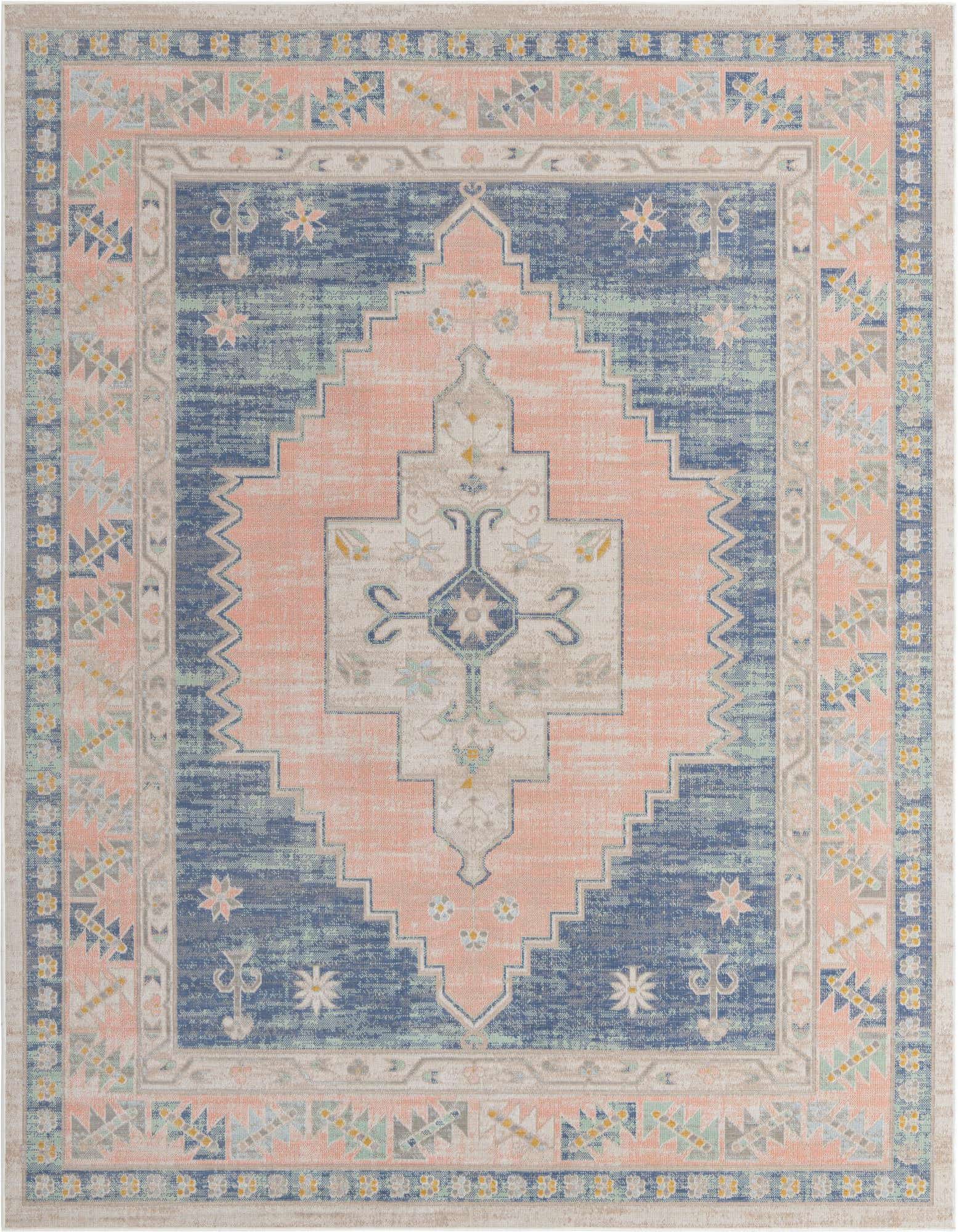A rectangular 8x10 Whitney Collection rug featuring a distressed tribal medallion pattern in shades of blue, peach, and cream.