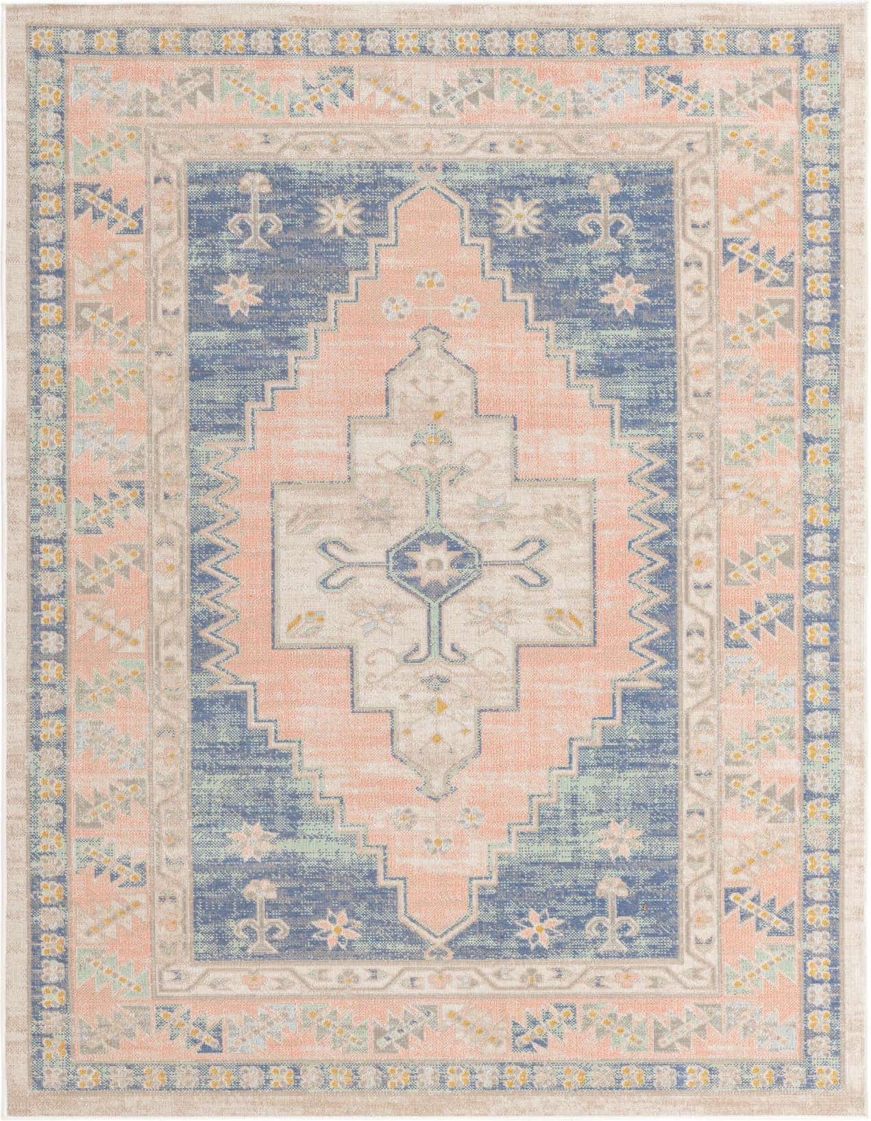 A 4x6 rectangular flatweave rug featuring a faded blue and peach tribal medallion pattern with subtle cream and grey accents.