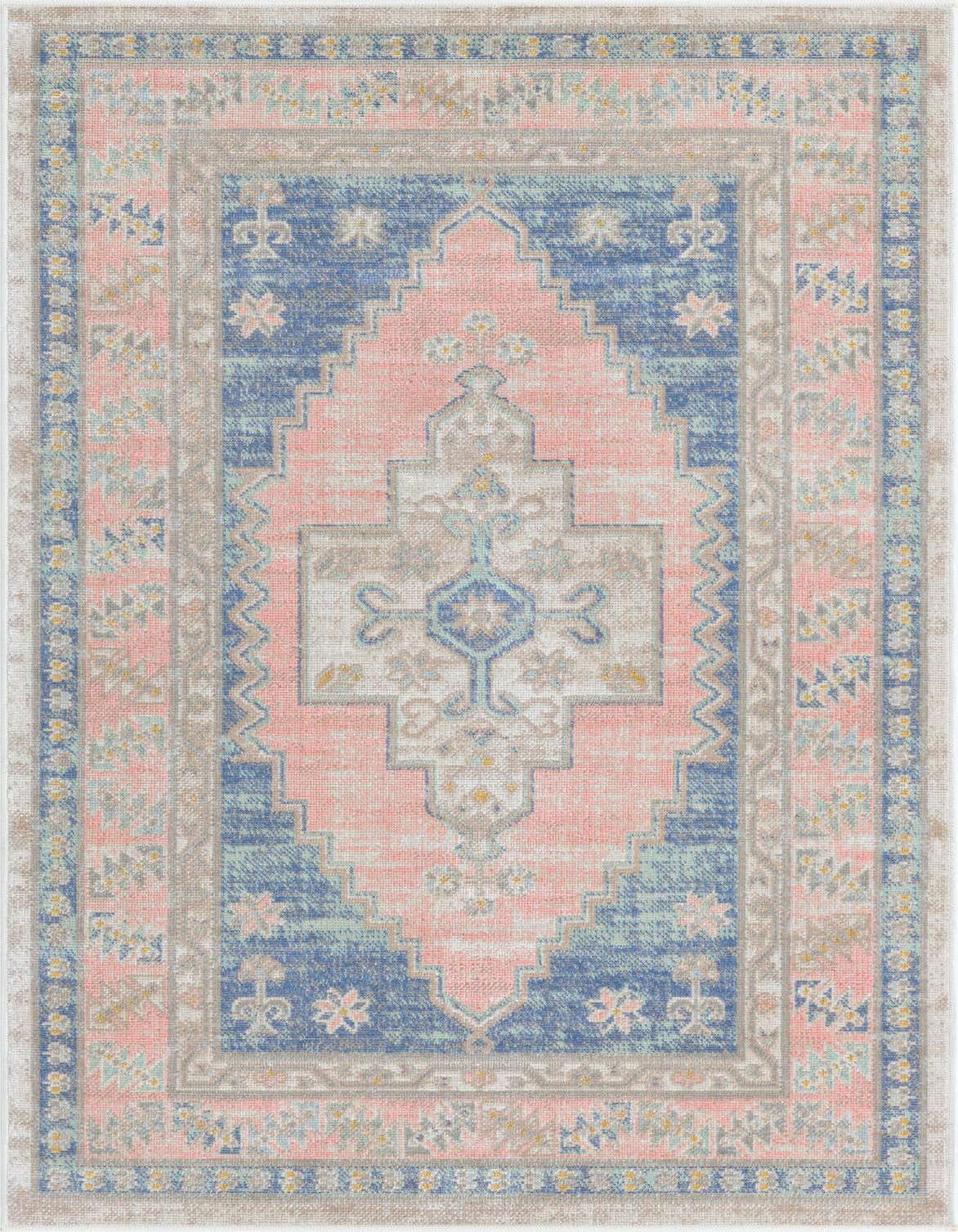 A 3x5 rectangular flatweave rug in blues and pinks with a distressed tribal medallion pattern, ideal for a kitchen or entryway.