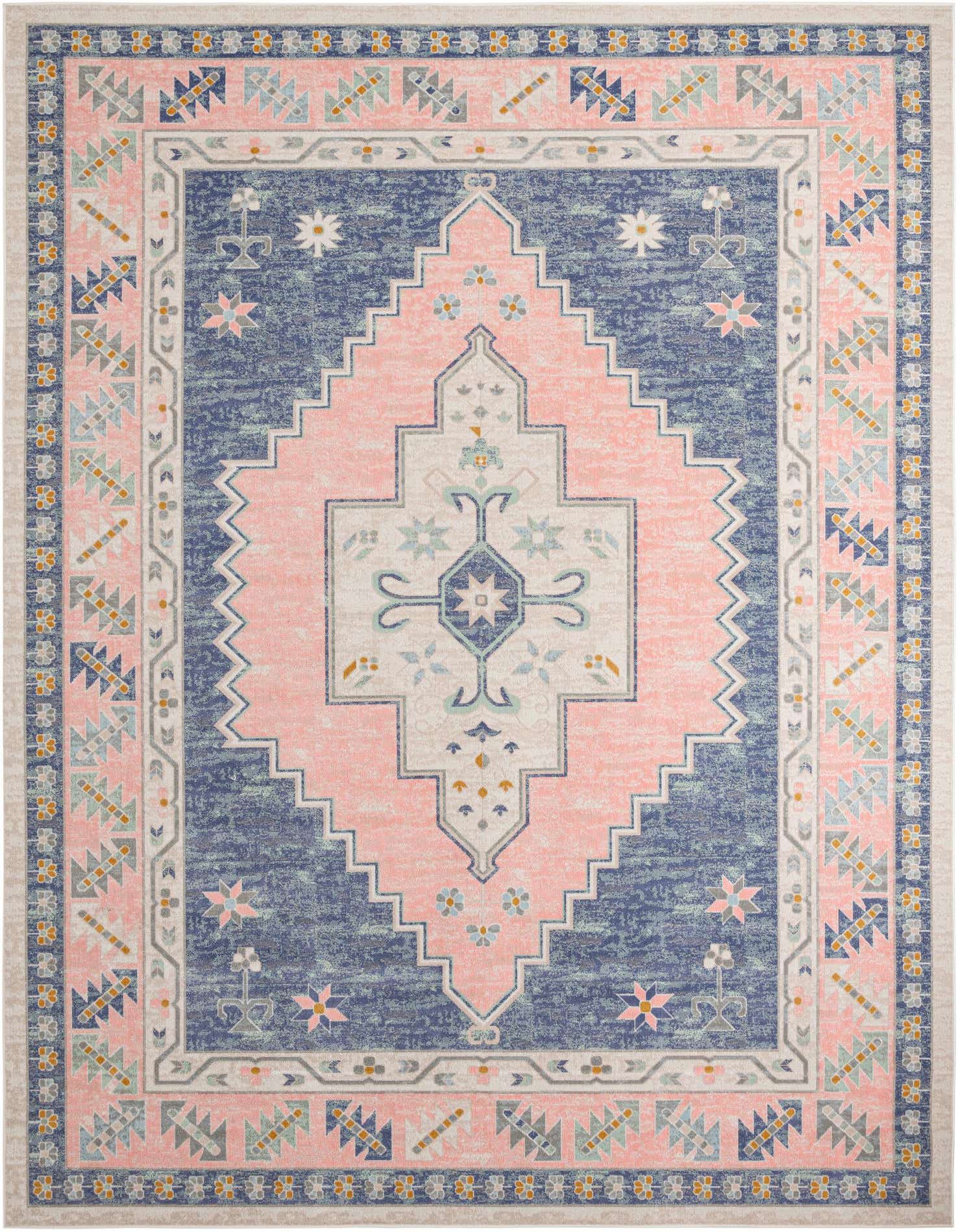 A 12x16 rectangular blue and pink vintage tribal medallion rug with a flatweave texture, suitable for a living room.
