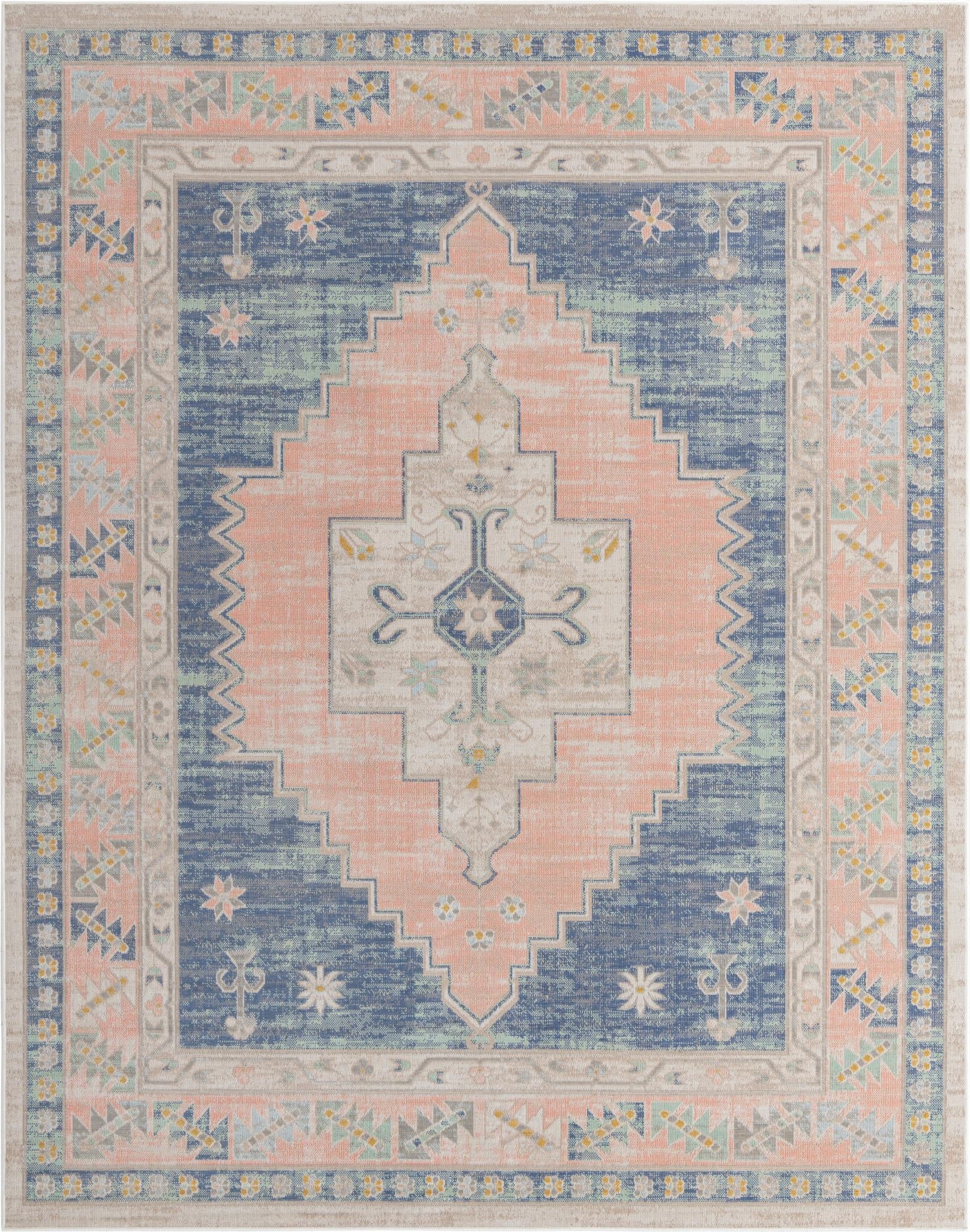 A rectangular 8x10 Whitney Collection rug featuring a distressed tribal medallion pattern in shades of blue, peach, and cream.