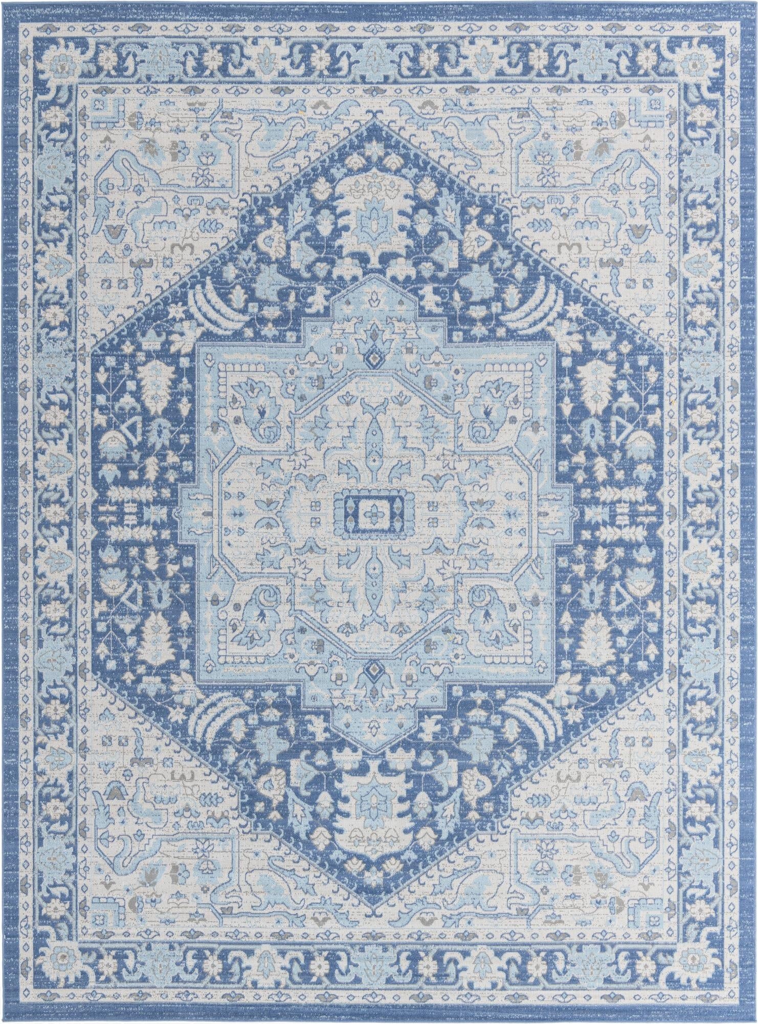 A 9x12 rectangular Whitney collection rug featuring a distressed blue medallion and border pattern on a light blue and cream background.