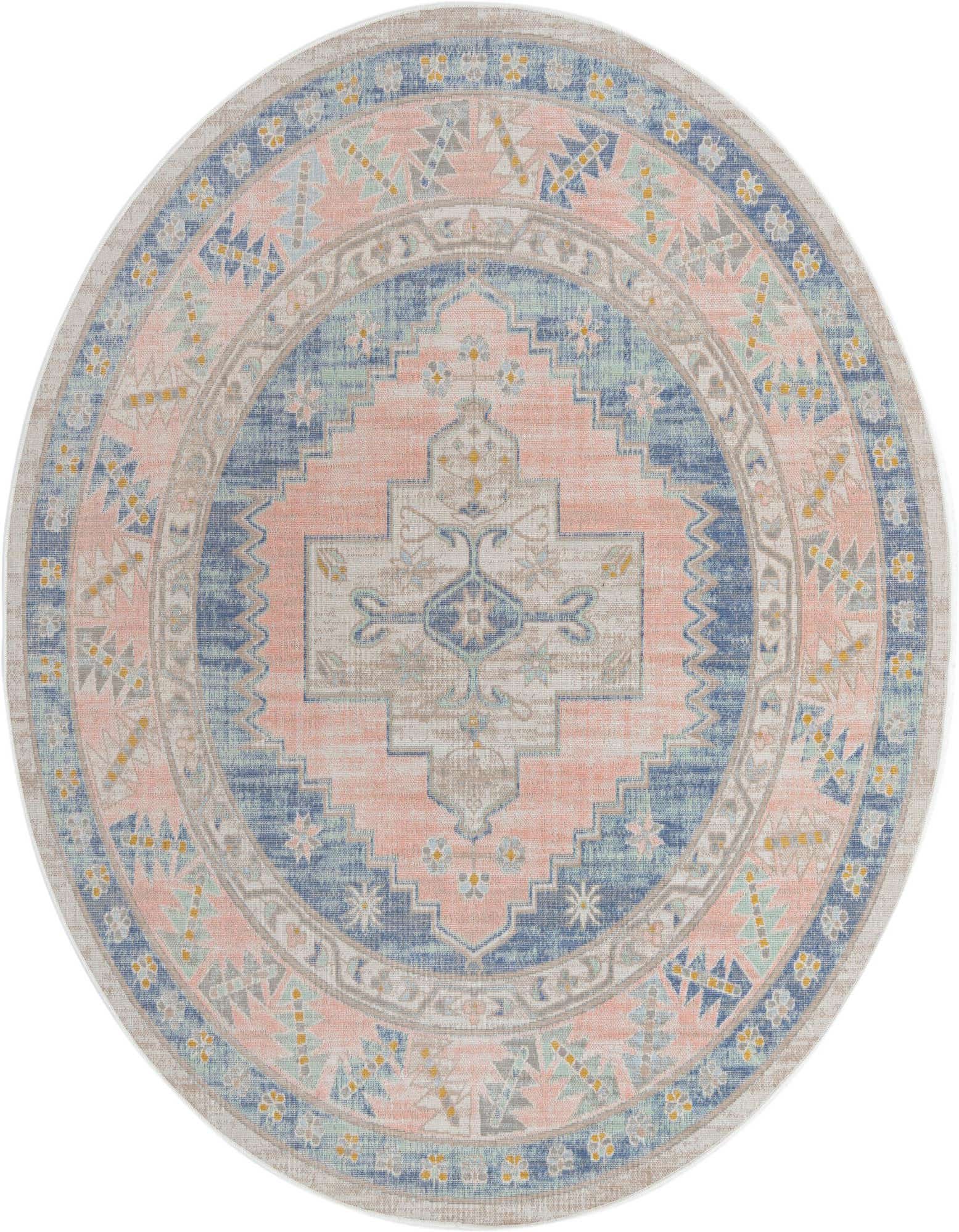 A 7' round tribal medallion rug in blues, peach, and cream, featuring a distressed vintage look.