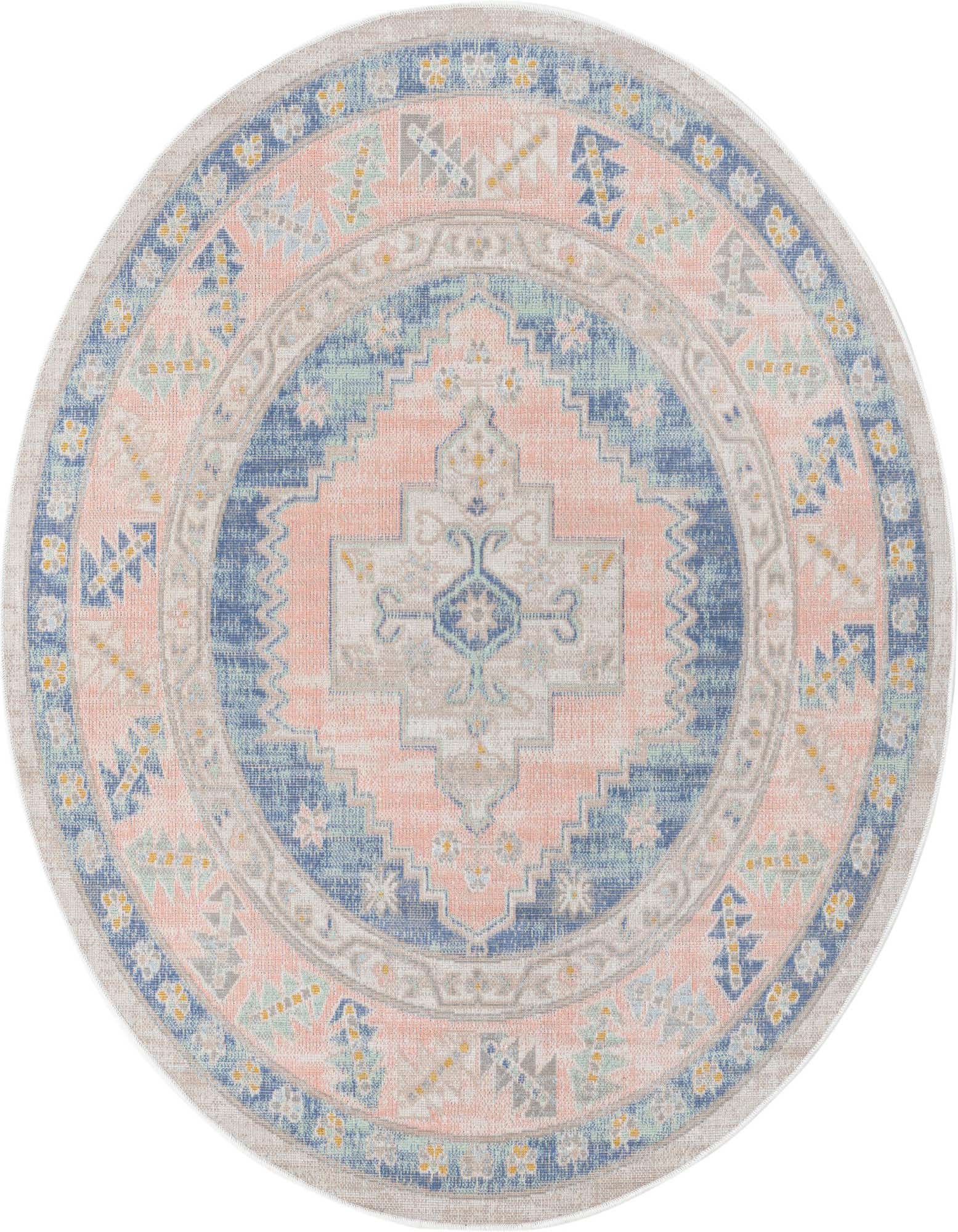 A 5' round tribal medallion rug in blues and peach, featuring a vintage-inspired flatweave design.