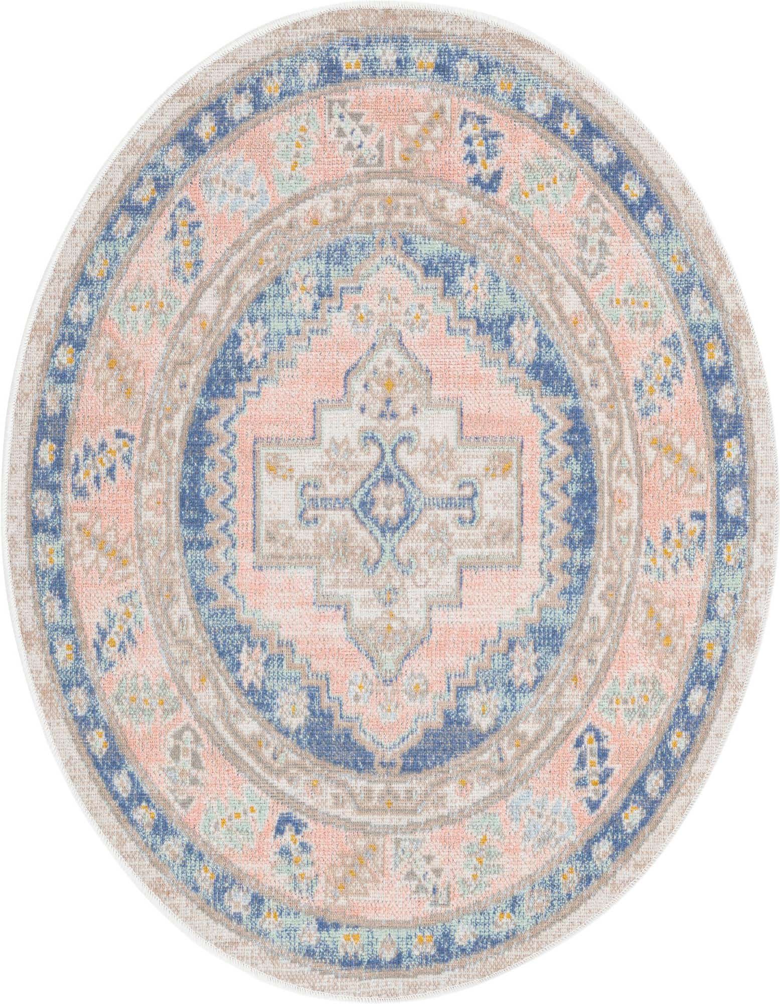 A round 3' 3 x 3' 3 flatweave rug featuring a faded blue tribal medallion pattern on a soft peach background with light blue and beige accents.
