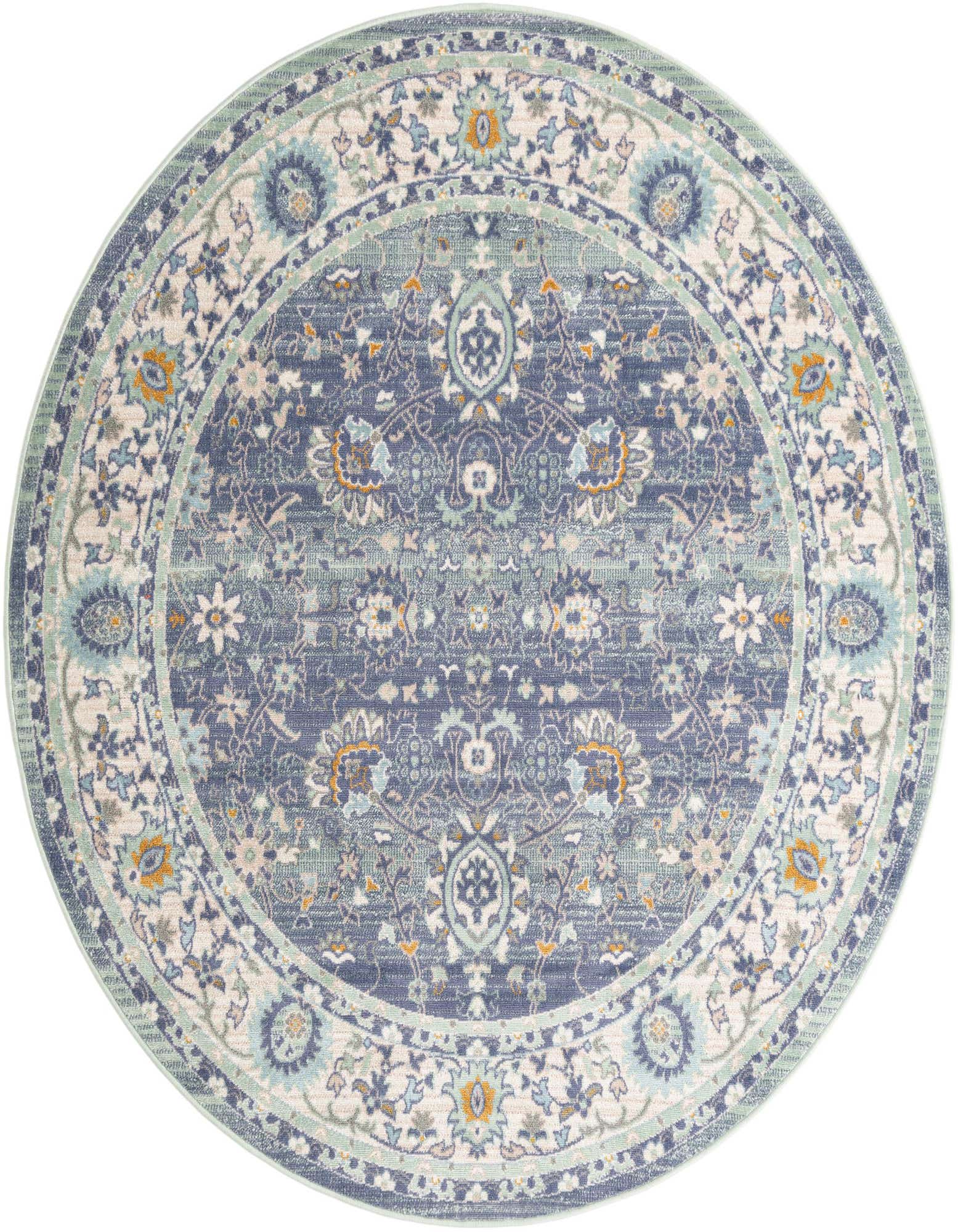 A 7' round blue traditional rug with intricate botanical and floral patterns in shades of cream, light blue, and hints of orange.