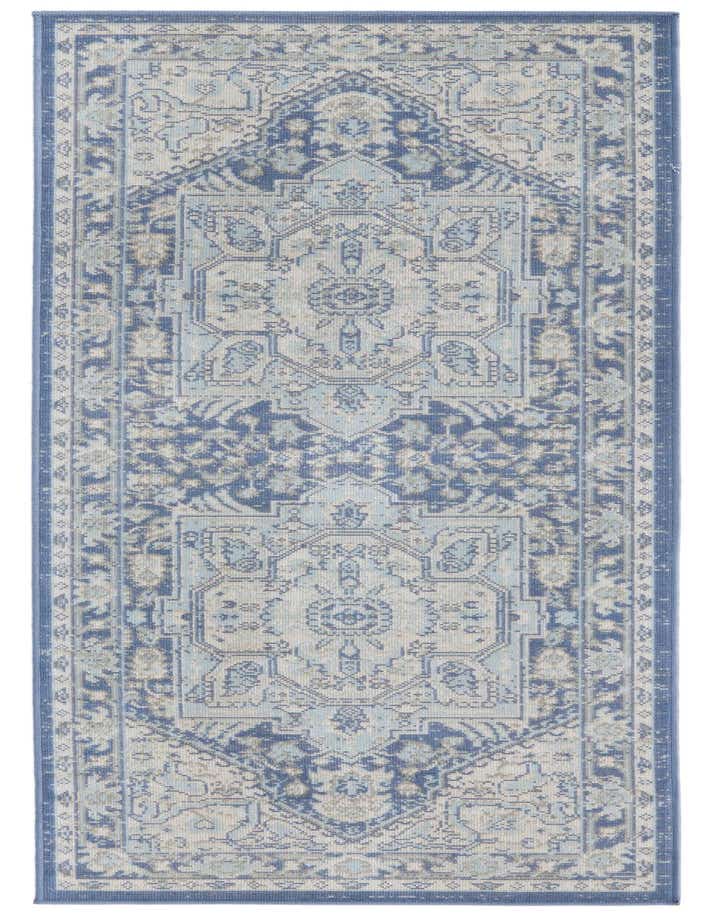 A 6 ft runner rug from the Rugs.com Whitney collection, featuring a vintage medallion pattern in shades of blue and light grey.