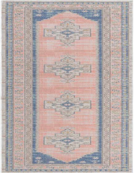 A 12 ft runner rug featuring a faded peach center with blue and gray tribal medallion patterns and intricate borders.