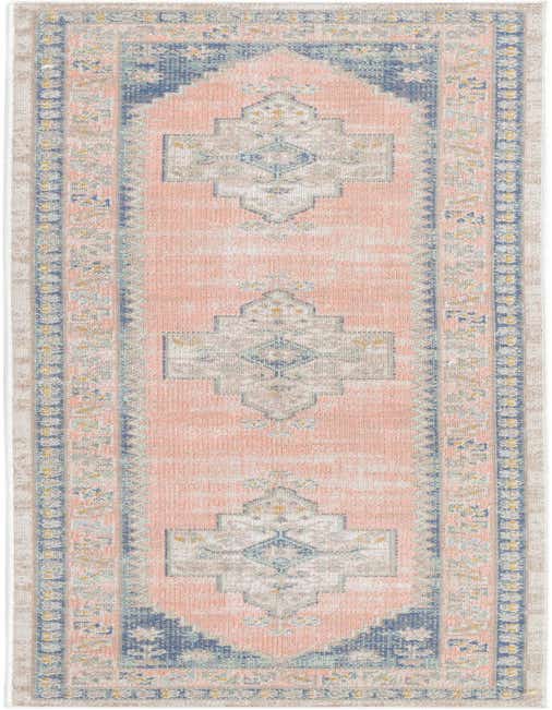 A long 8 ft runner rug featuring a faded peach background with distressed blue, grey, and yellow tribal medallion patterns, suitable for a hallway or kitchen.
