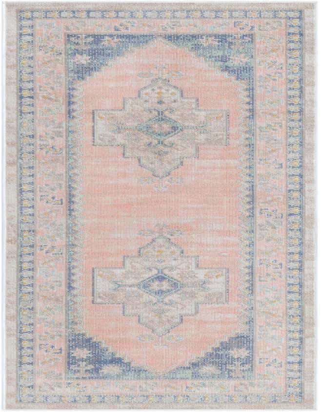 A 6 ft runner rug with a faded pink center, blue and light grey tribal medallion patterns, and a distressed border.