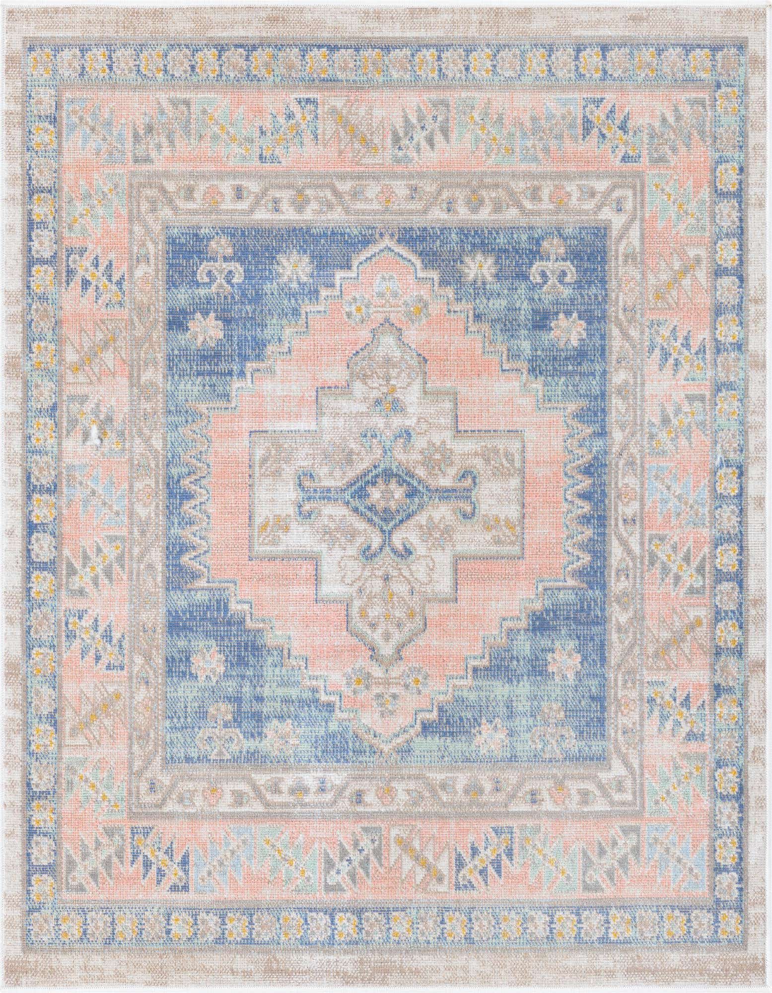 A 4'x4' square blue and peach tribal medallion flatweave rug with a vintage, distressed look.
