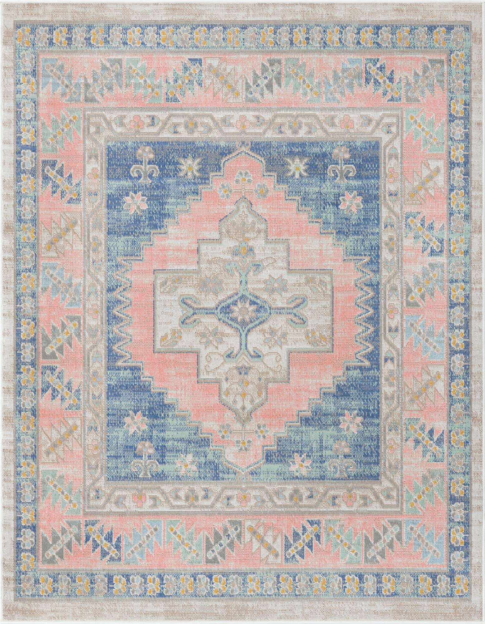 A 5'3" x 5'3" square Rugs.com Whitney rug featuring a distressed tribal medallion pattern in shades of blue, pink, and beige.