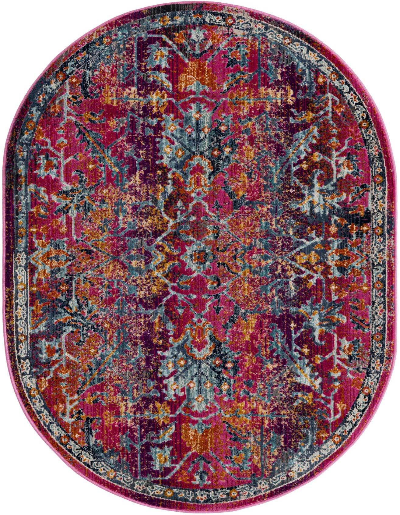 A vibrant 3' 7 x 5' 3 oval rug with a distressed traditional pattern in shades of pink, purple, teal, and orange.
