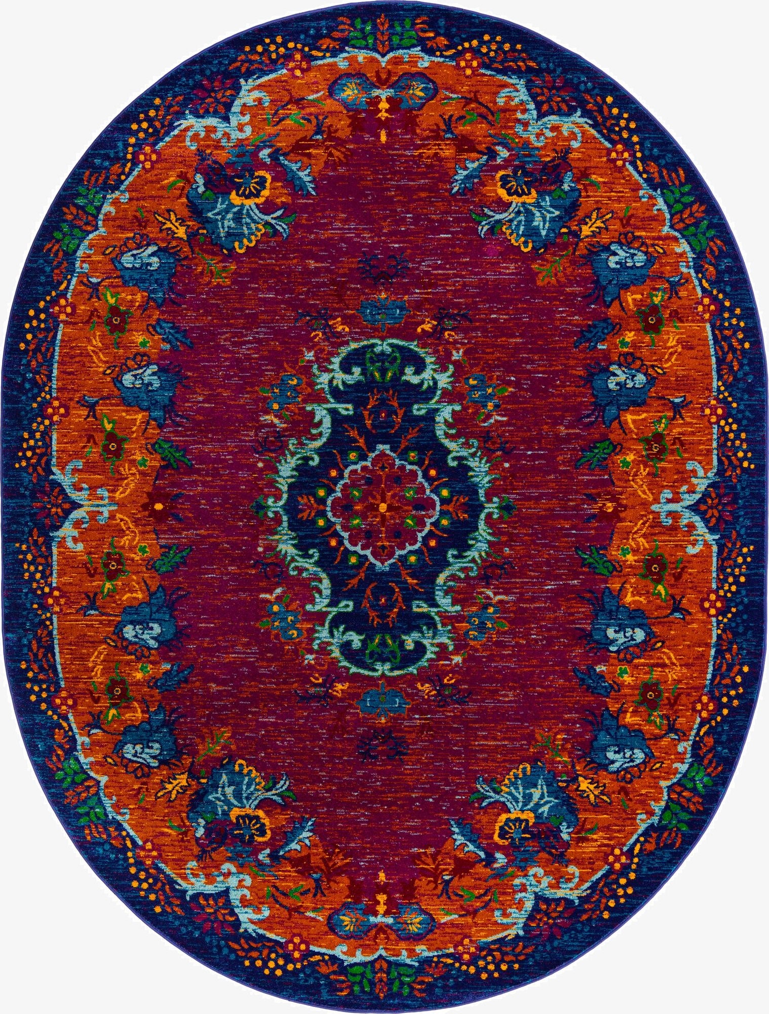 An oval 7' 10 x 10' 0 pink rug with a vibrant traditional medallion pattern in blue, orange, and green.
