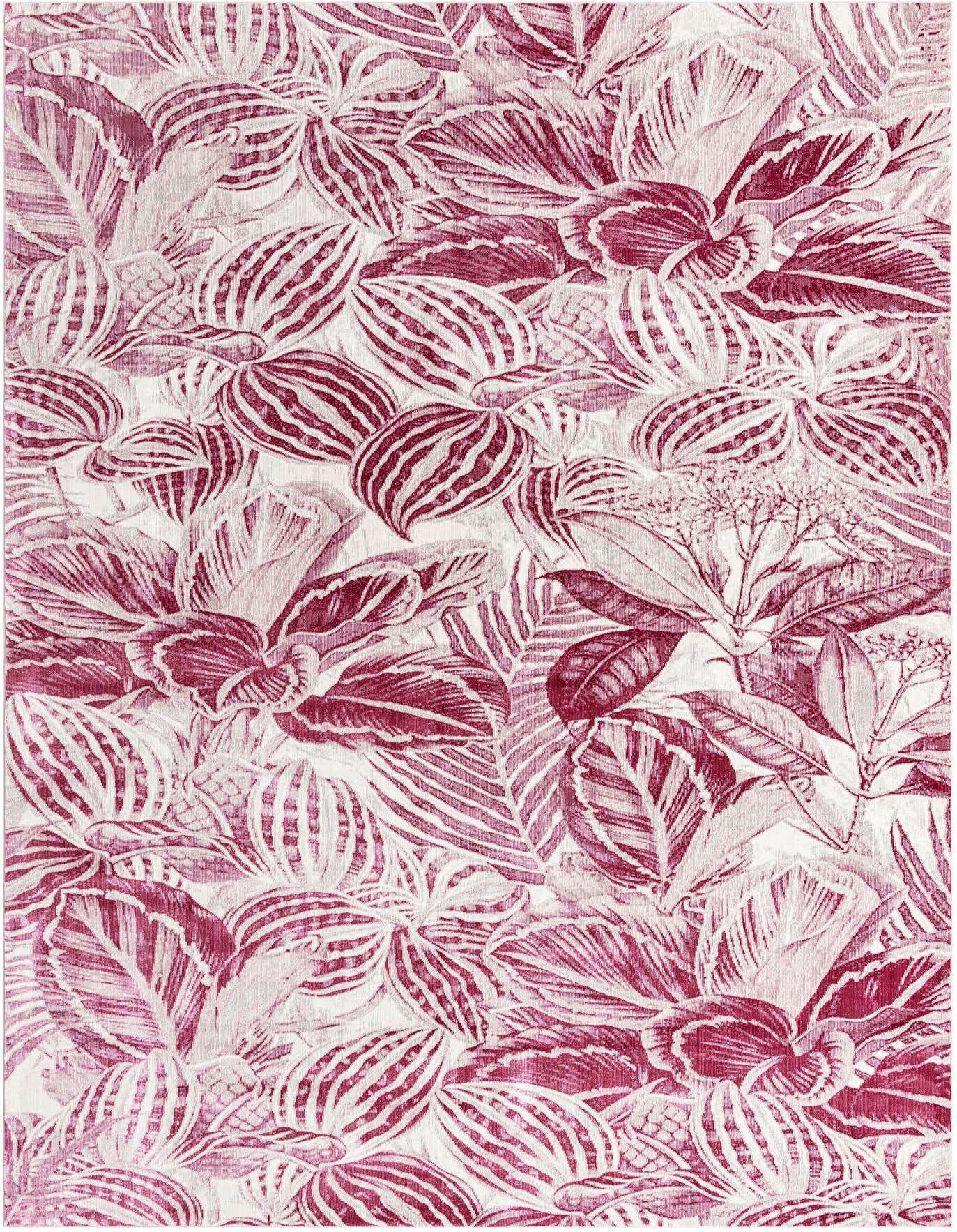 A 10x14 rectangular indoor rug featuring a dense modern botanical pattern with various pink leaves on a light background.