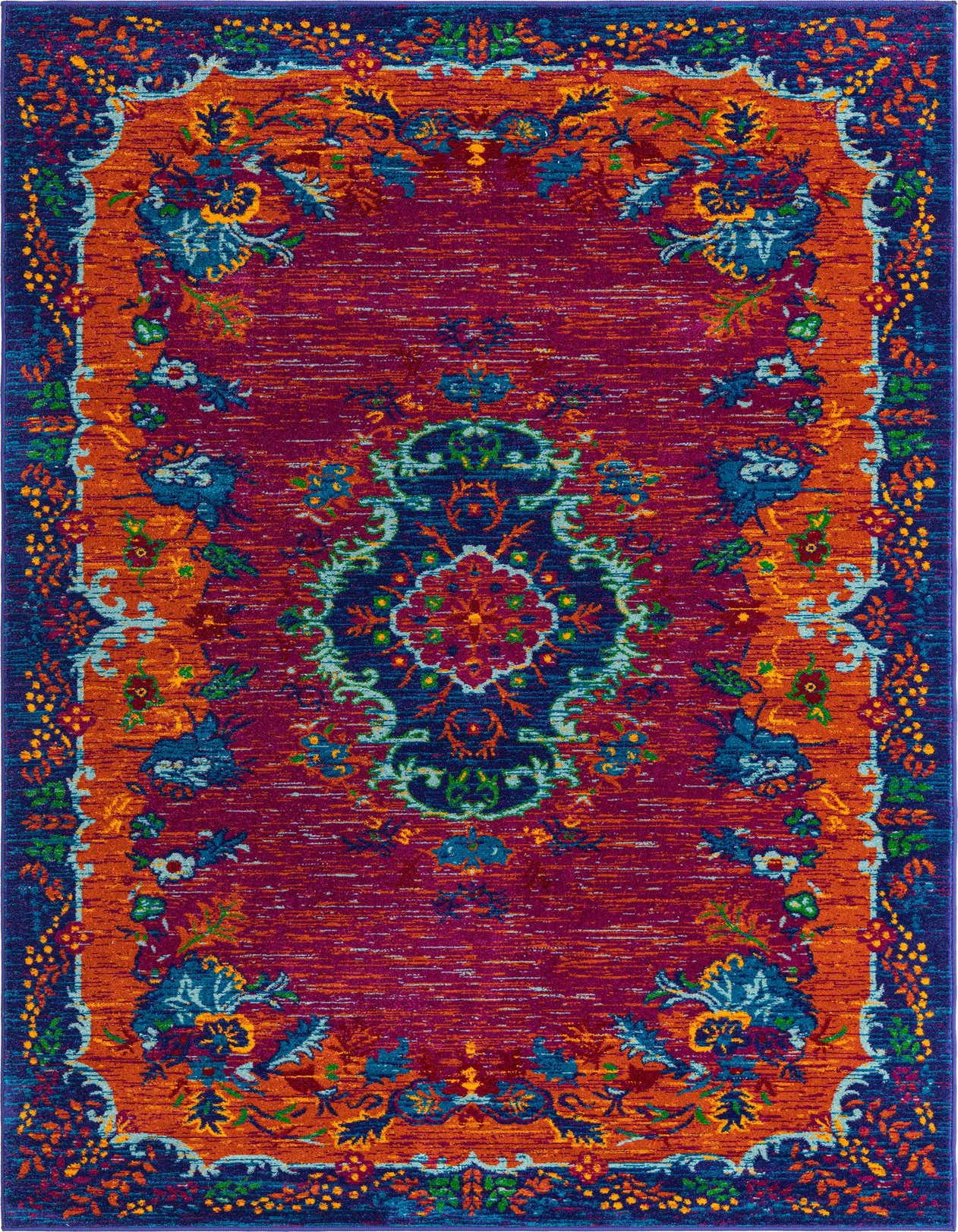 A vibrant 5x8 rectangular Calypso rug featuring a traditional medallion pattern in shades of pink, orange, and blue.