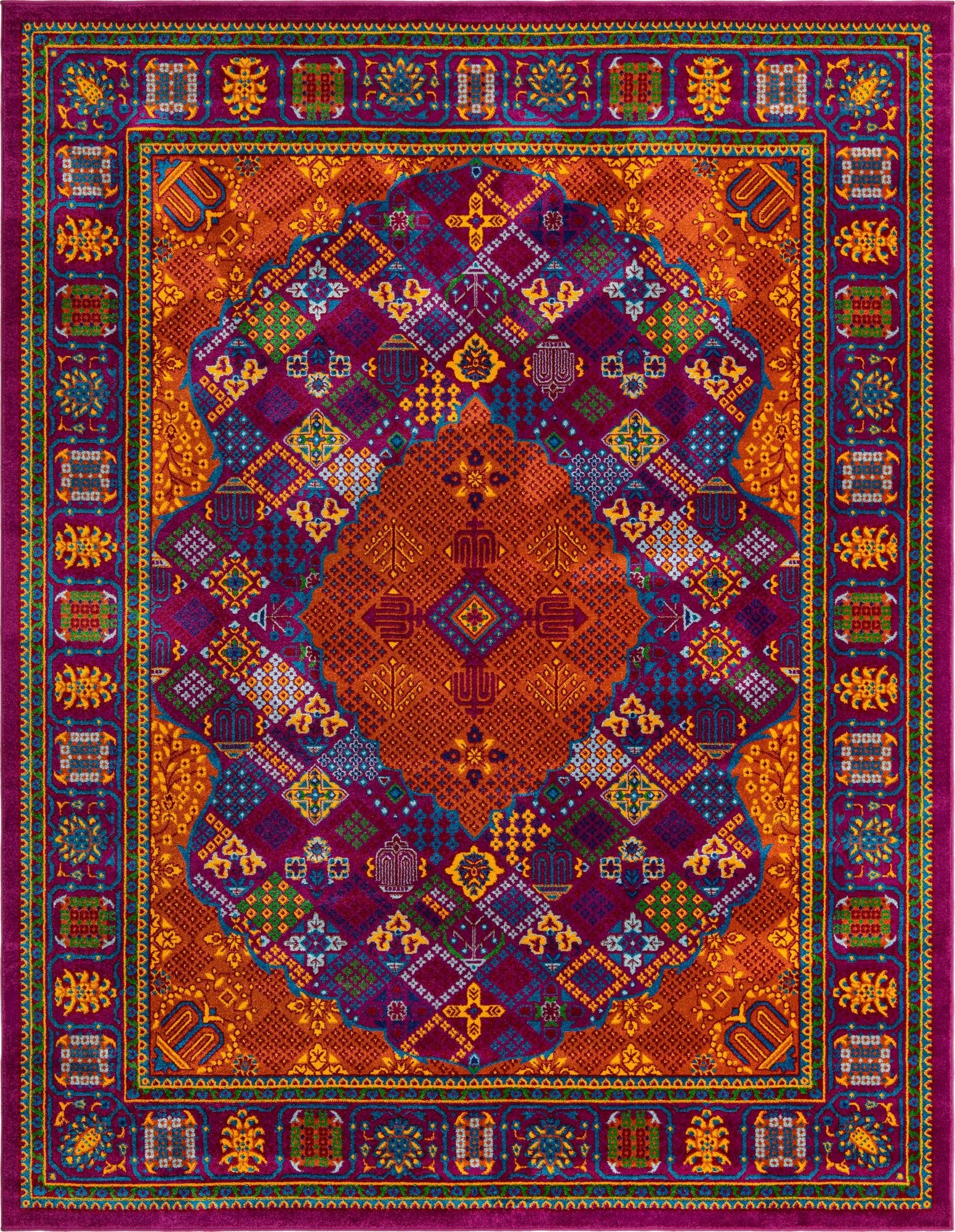 A vibrant 8x10 rectangular Calypso rug featuring a central medallion in rich pinks, oranges, and blues with intricate traditional and bohemian patterns.