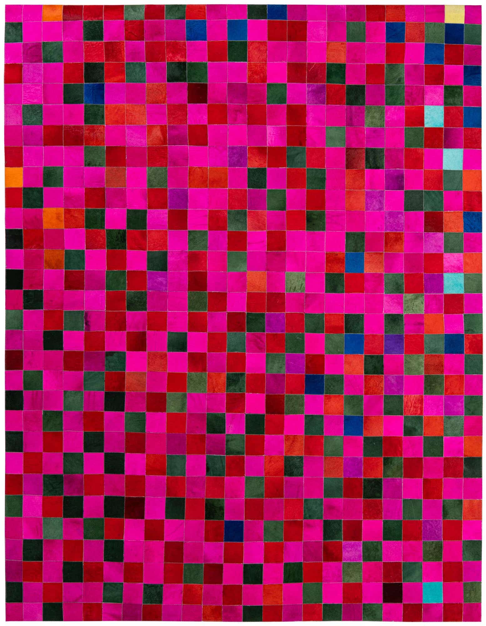 A vibrant 8x10 rectangular patchwork cowhide rug, featuring a modern design with dominant pink squares interspersed with red, green, and blue.