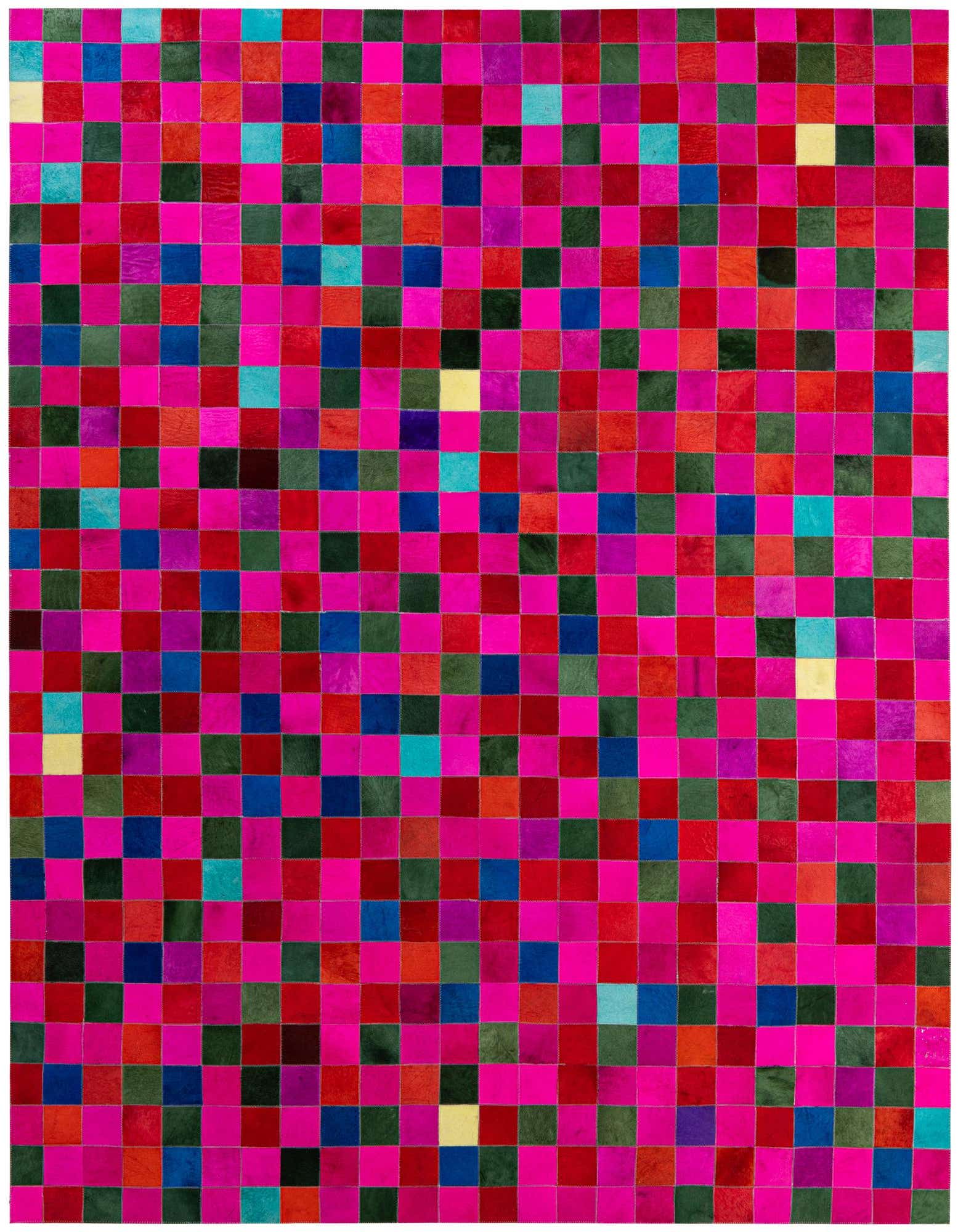 A vibrant 8x10 rectangular patchwork cowhide rug featuring a grid of pink, red, blue, green, and yellow squares.