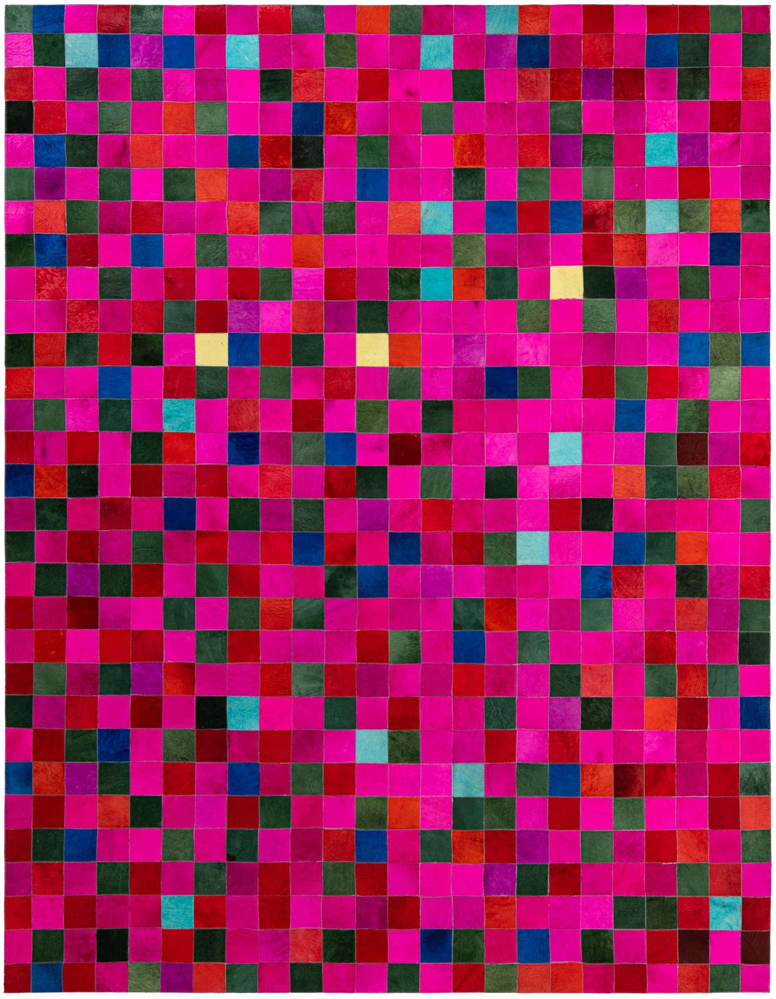A vibrant 8x10 rectangular patchwork cowhide rug, featuring a dominant fuchsia pink with scattered squares of red, blue, green, and yellow.