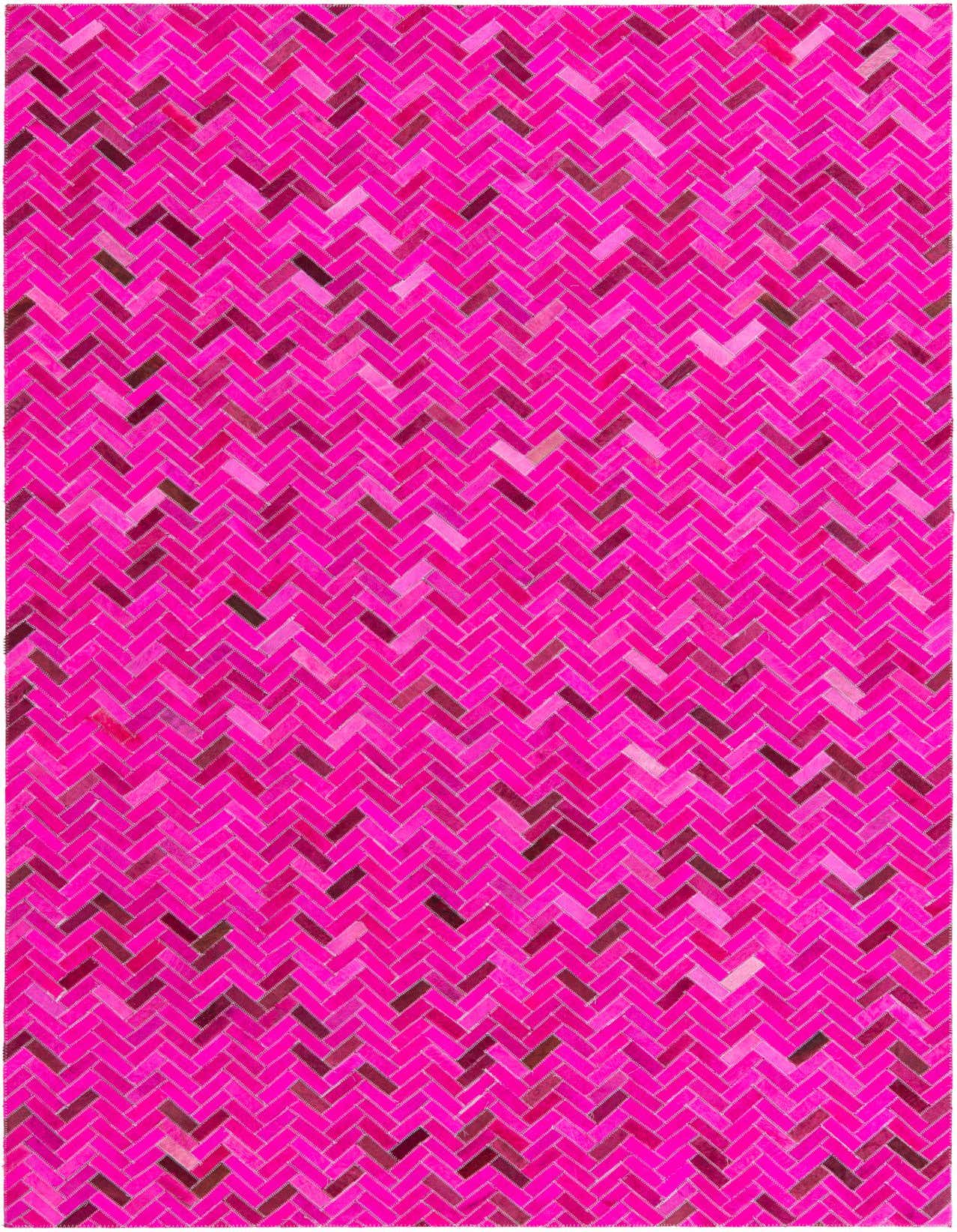 A 5x8 rectangular Cowhide rug in varying shades of pink, featuring a modern herringbone pattern, suitable for a living room.