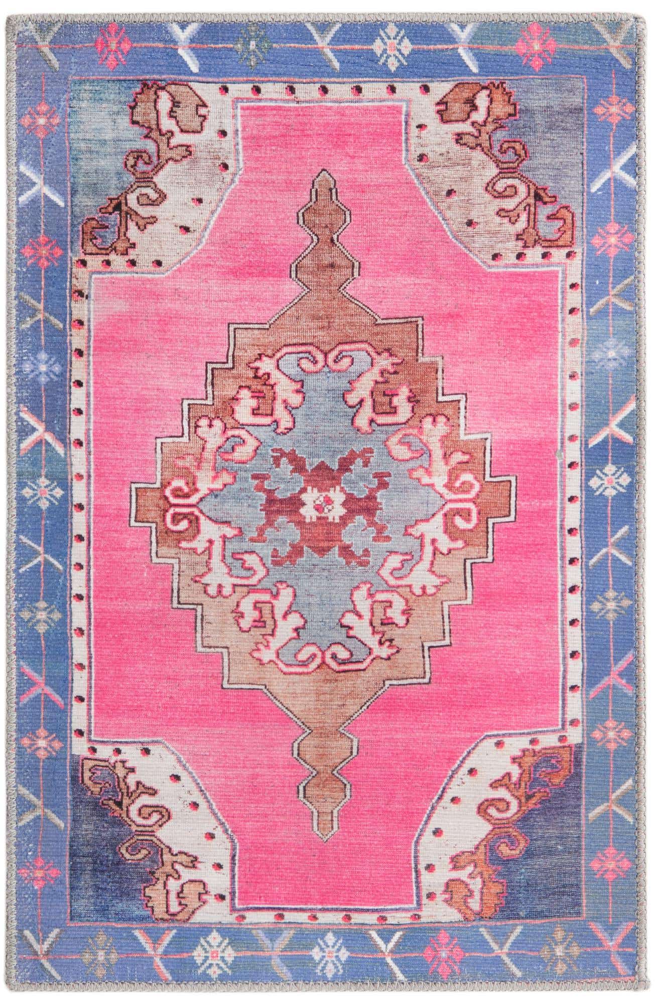 A 2x3 rectangular pink vintage Oriental rug with a central medallion and blue border, featuring distressed accents.