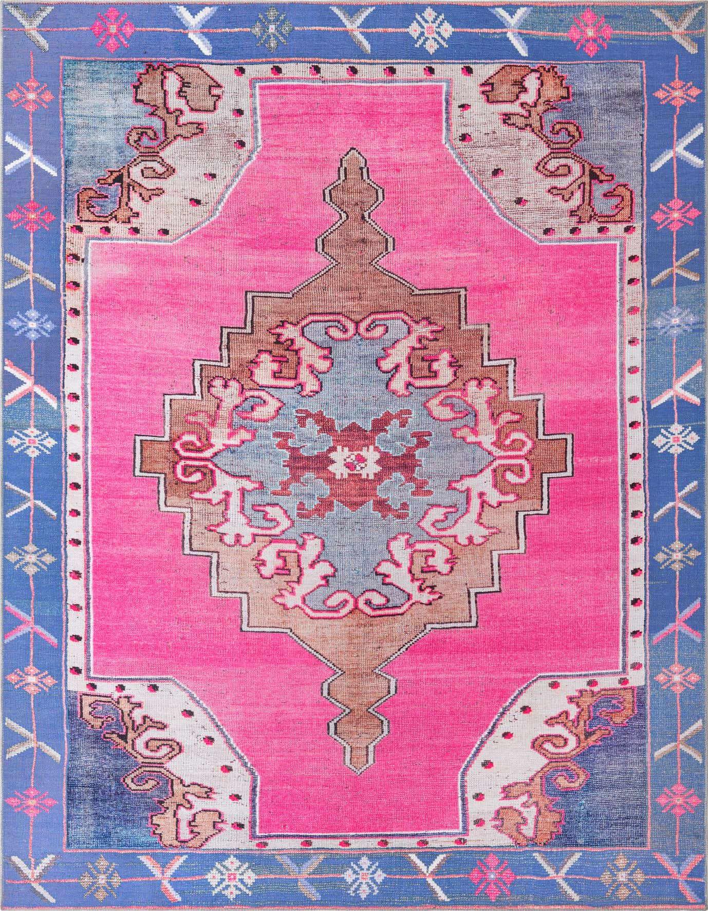 A vibrant 8x12 rectangular pink vintage rug with a central medallion and blue border, featuring intricate Oriental patterns.