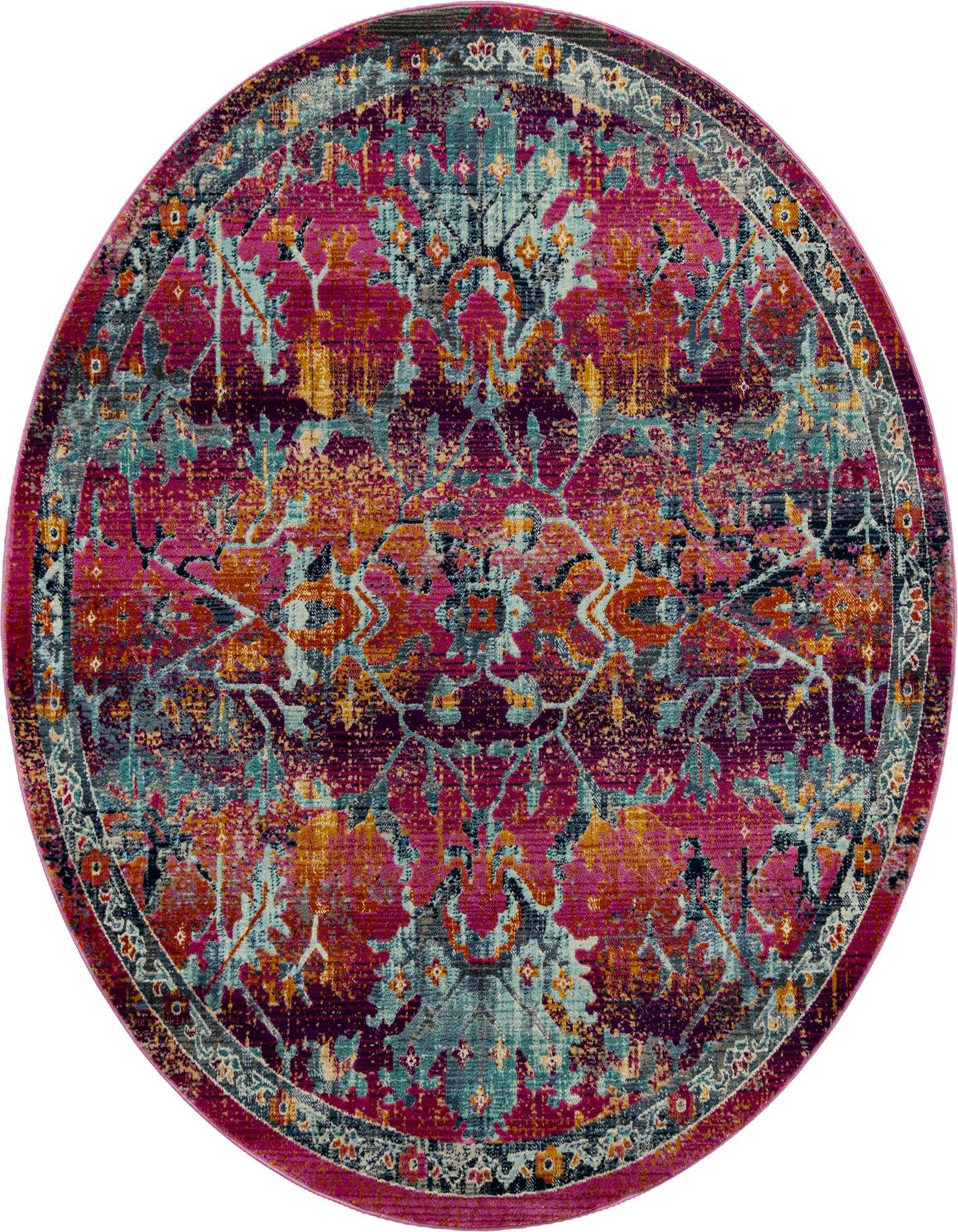A 5' 0 x 5' 0 round pink bohemian rug with a distressed floral and tribal pattern in fuchsia, teal, orange, and purple.