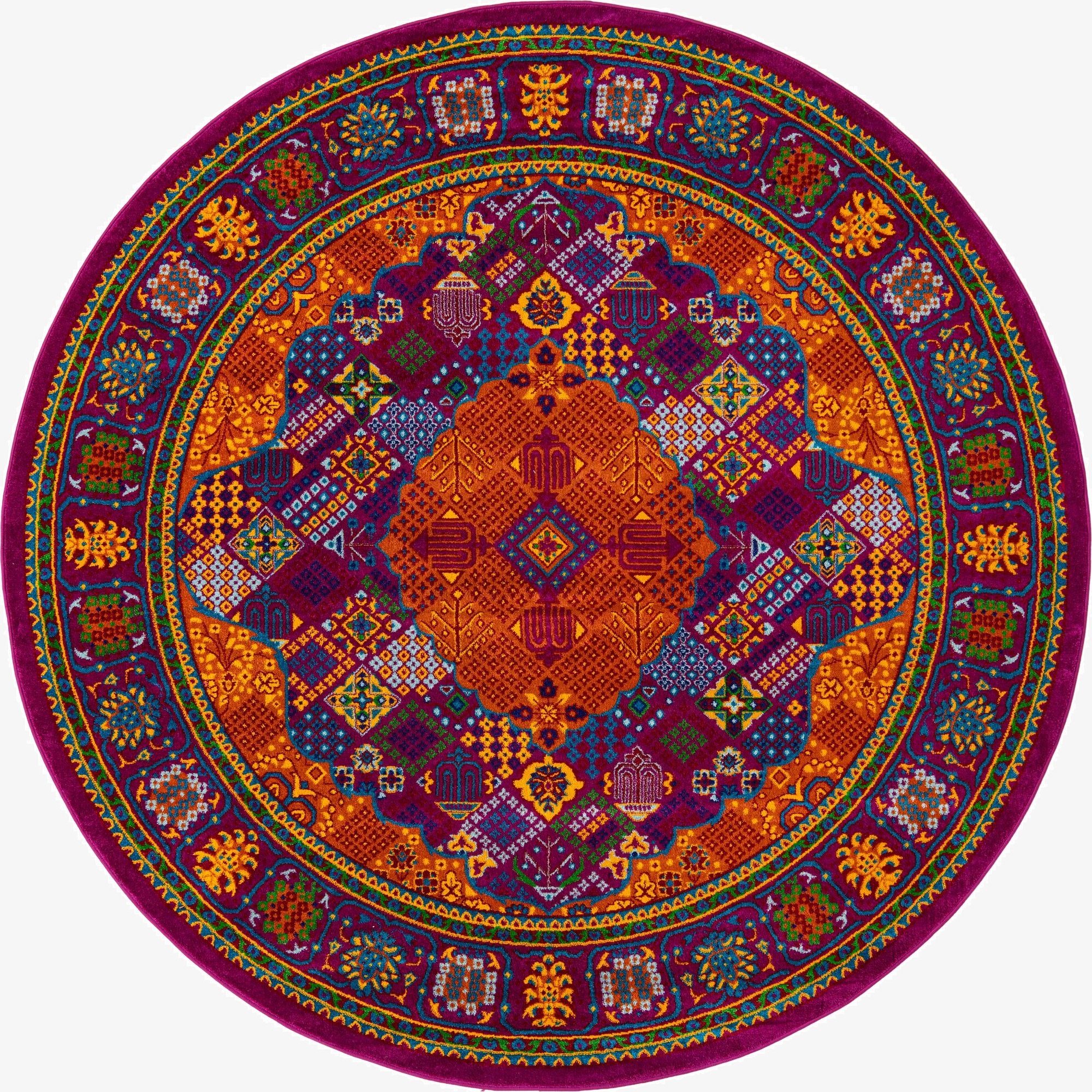 A vibrant round rug with a magenta border, featuring a complex medallion pattern in orange, blue, green, and yellow.