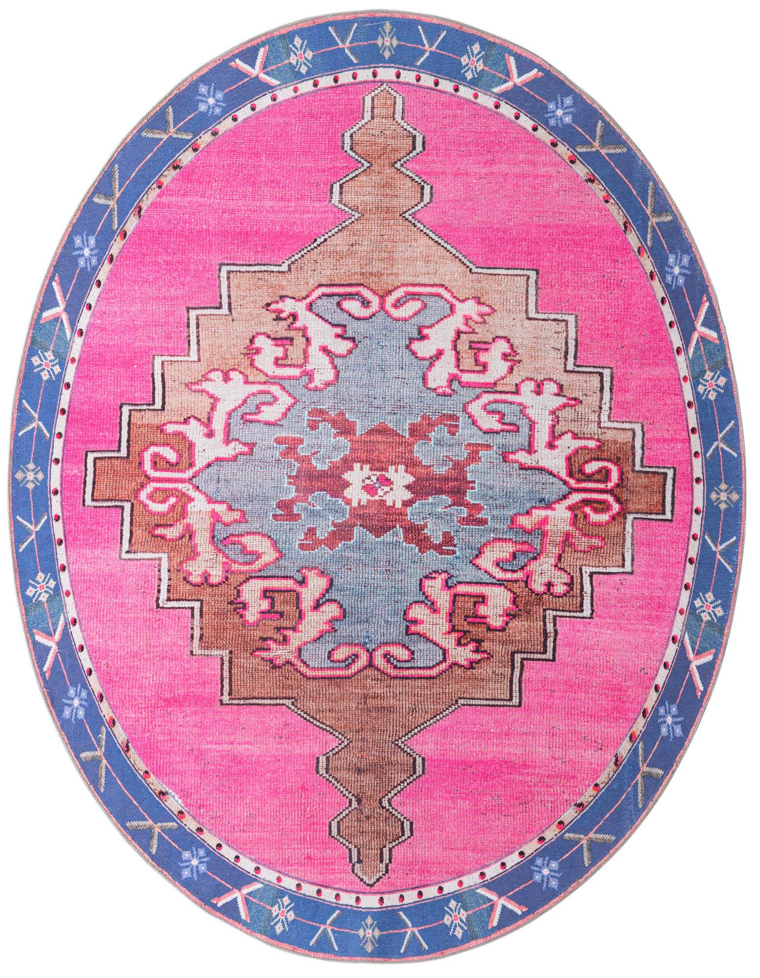 A vibrant 7' 10 round pink oriental rug with a central medallion design in blue, brown, and red, framed by a blue border.