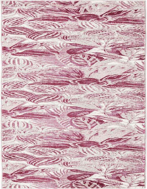 A long, thin 8 ft runner rug featuring a modern botanical pattern with various shades of pink leaves on a light background.