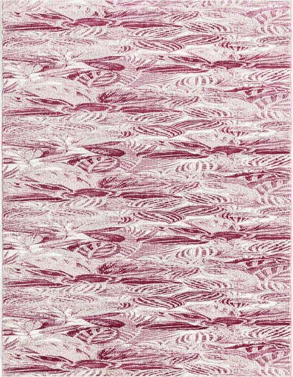 A 12 ft runner rug with a modern botanical pattern in shades of pink and white, ideal for a hallway.