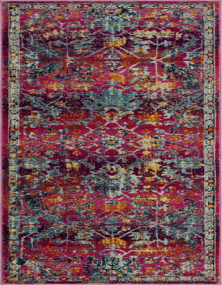 A vibrant 6 ft runner rug with a distressed Bohemian floral pattern in shades of pink, teal, orange, and purple.