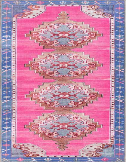 A vibrant 12 ft pink runner rug with a blue border and distressed medallion pattern, ideal for hallways.