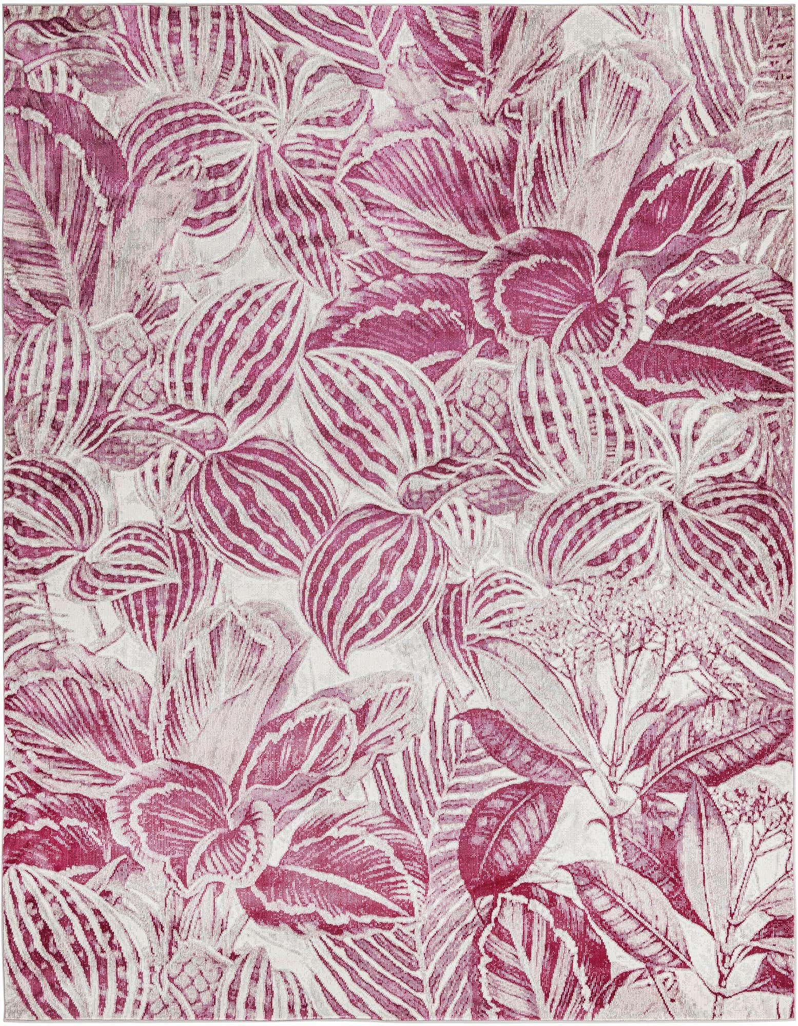 A square 7'10" x 7'10" Rugs.com Blossom rug featuring a modern botanical pattern in various shades of pink and white.