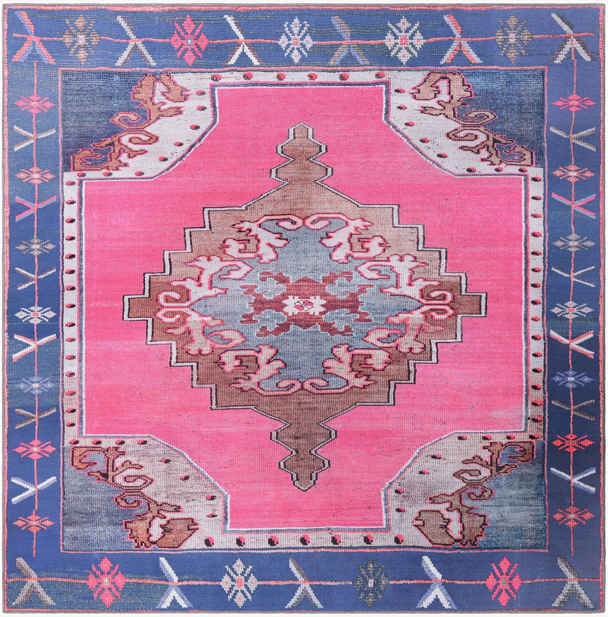 A vibrant 7' 10 x 7' 10 square pink oriental rug with a central medallion and a blue border, showcasing a vintage design.